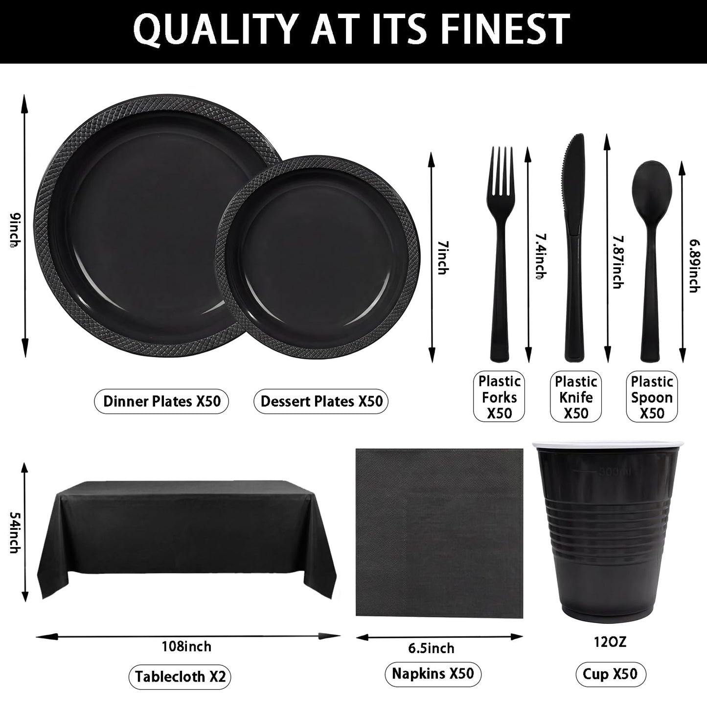 352 Pcs Black Plastic Plates Party Set, 50 Guests Disposable Dinnerware Set with Black Tablecloths, Elegant Black Plastic Plates Party Set for Wedding/Corporate Event/Formal Dinner/Gala