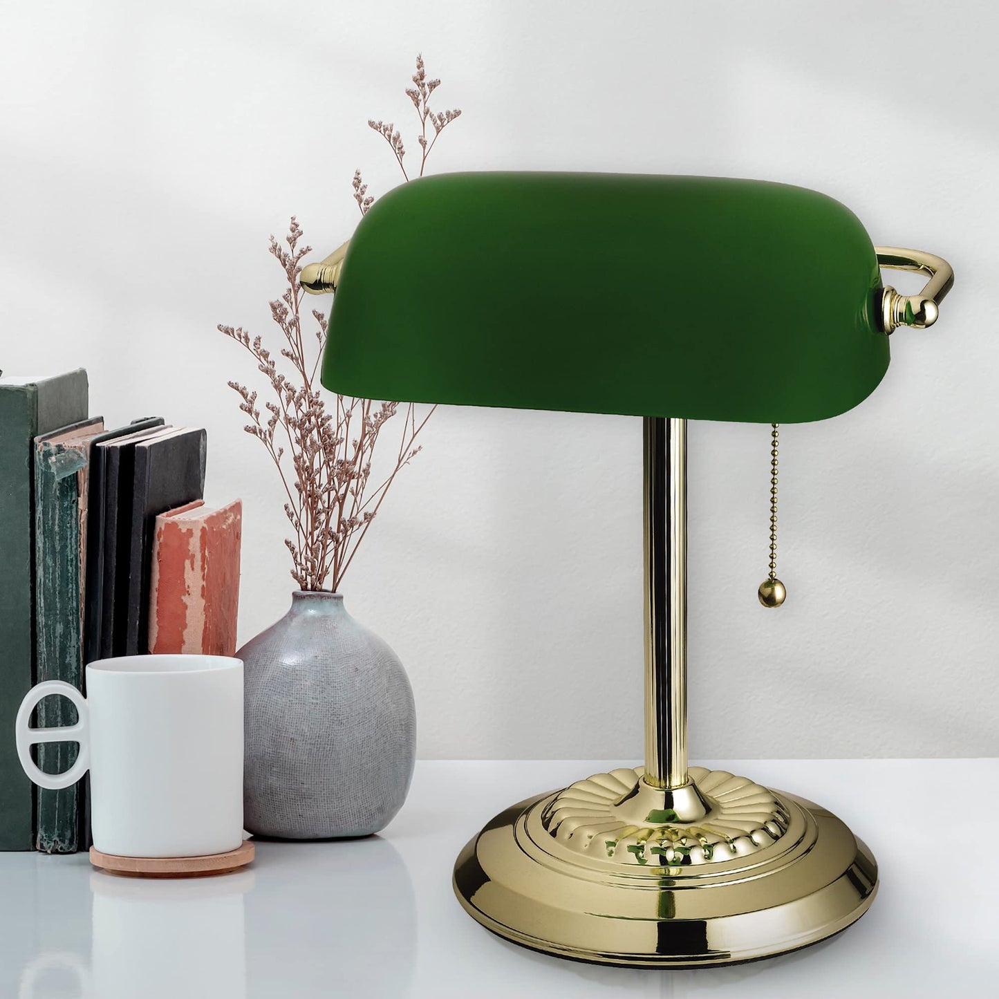 Catalina Lighting 13.5'' Traditional Banker's Lamp Light Fixture with Green Glass Cylinder Shade for Office, Library, Living Room, or Dorm, Polished Brass
