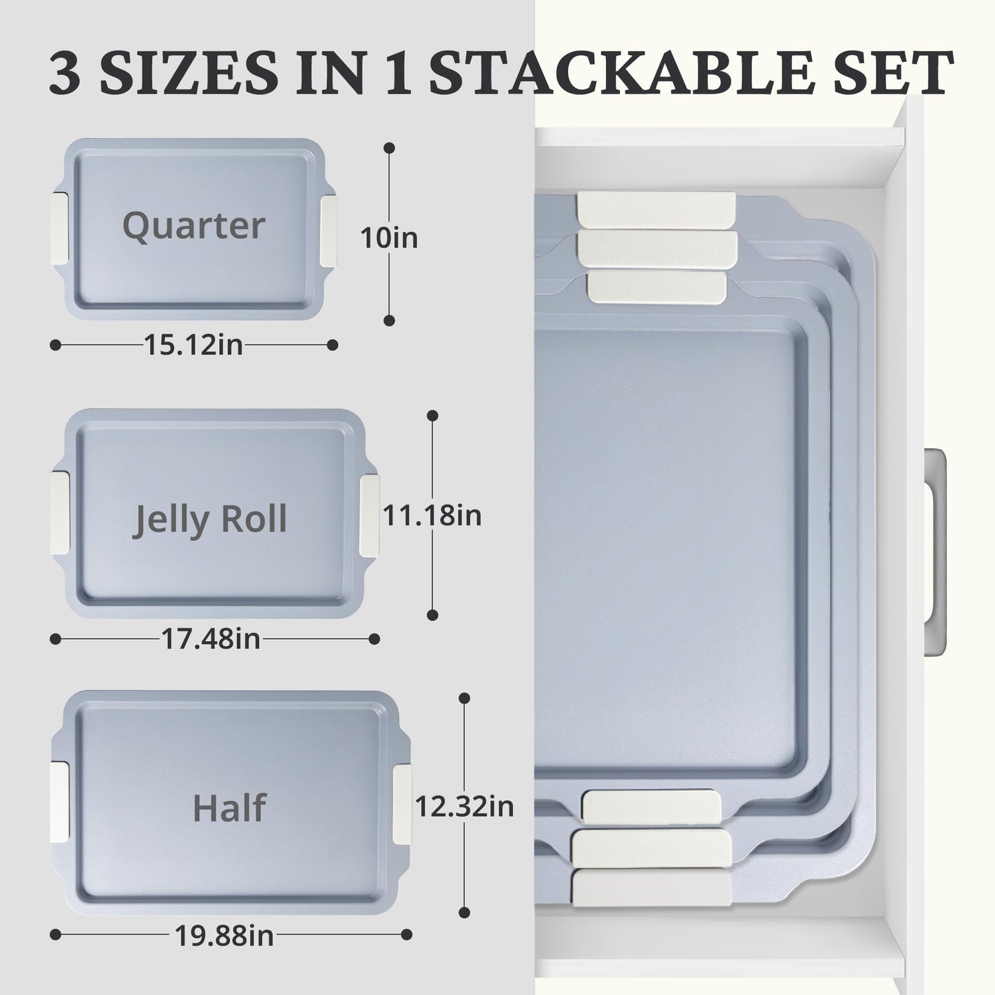 BRONYPRO Non Stick Ceramic Baking Sheet Pan Set of 3, Natural Non Toxic Cookie Sheets for Baking - PFOA, PTFE Free, Heavy Duty Aluminized Steel Oven Trays for Cooking with Silicone Handles, Cream