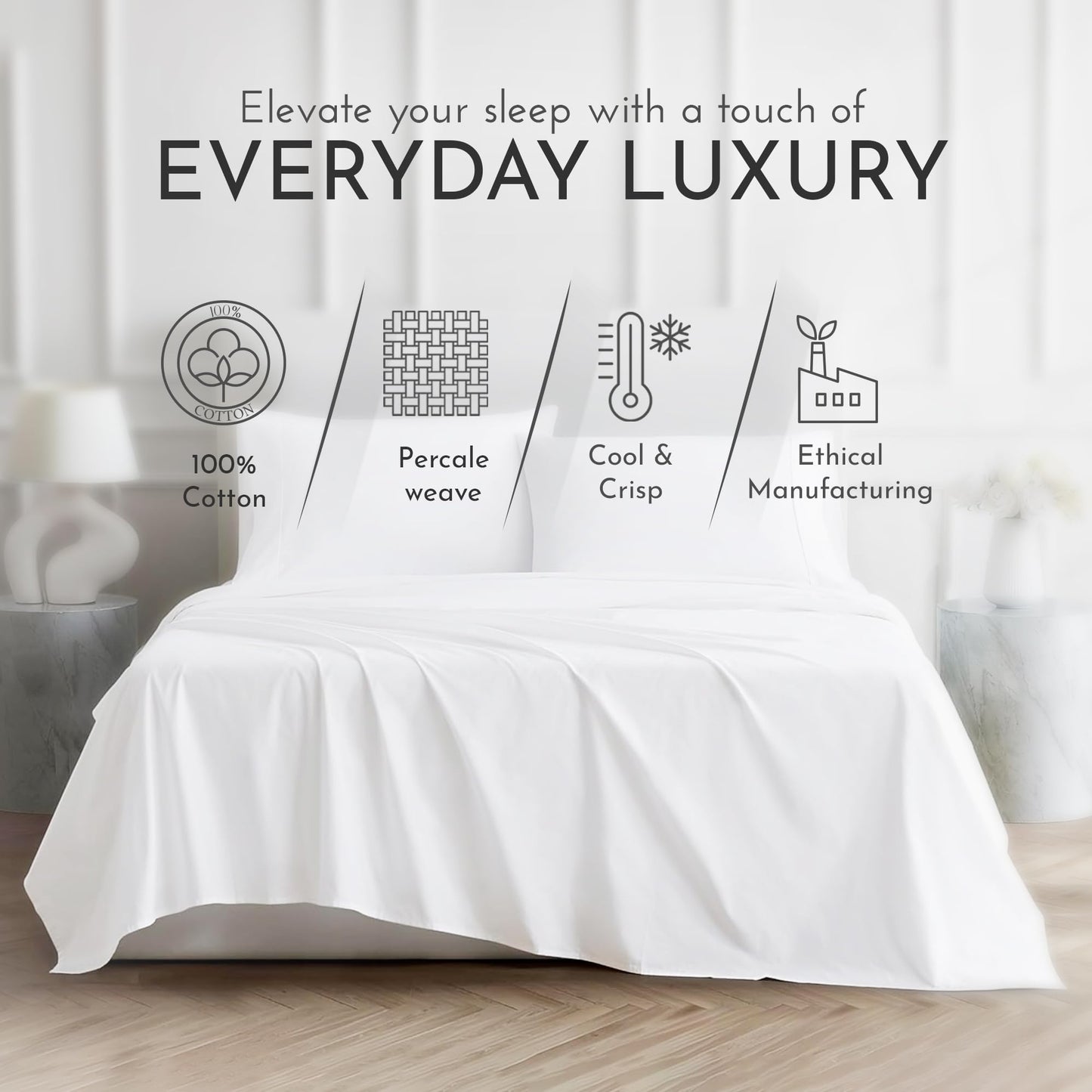 Linen Closet 4 Pcs 100% Cotton Queen Sheet Set, Arctic White, 400 Thread Count, Percale Weave, Deep Pocket Fitted Sheet, Fits Up To 18" Mattress, Crisp & Cooling Bed Sheets for Home & Hotel Use