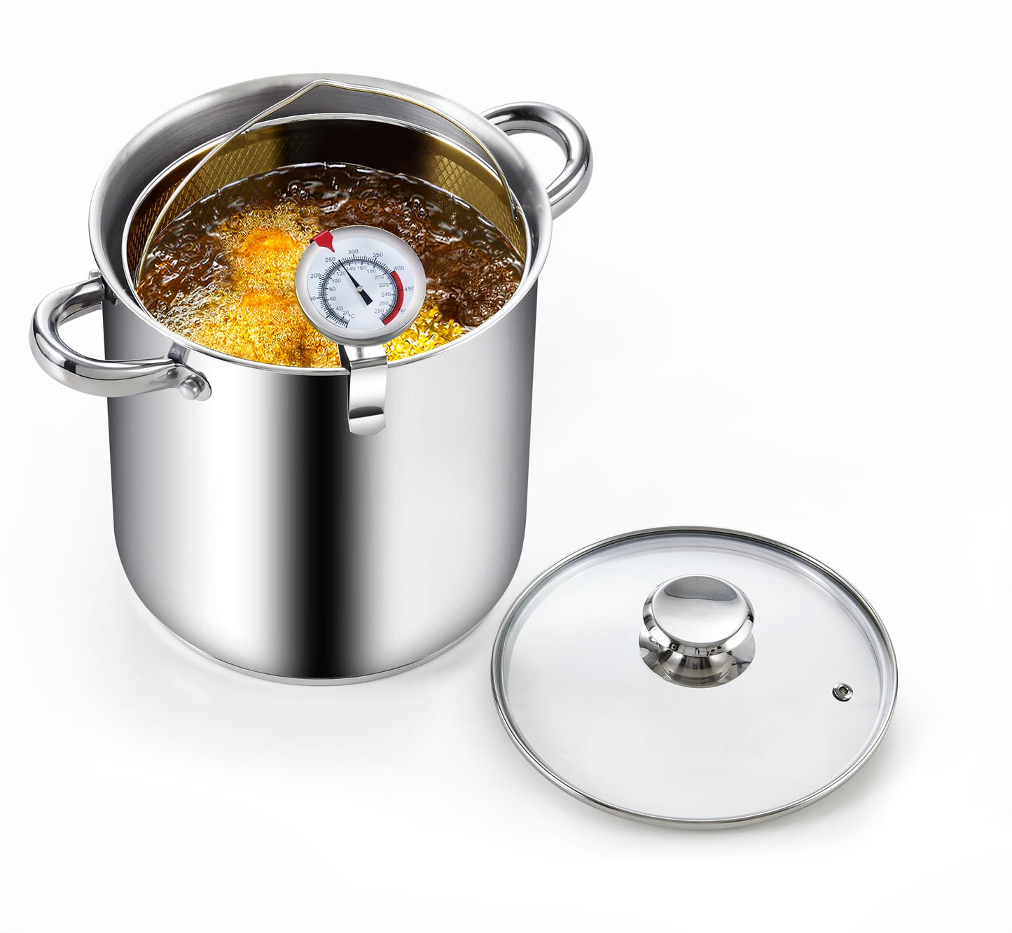 Cook N Home Basics 5-Quart Deep Fryer Pot with Basket, Japanese Tempura Stainless Steel Frying Pot with Temperature Control and Oil Drip Rack, Glass Lid, Suitable for Kitchen French Fries, Chicken