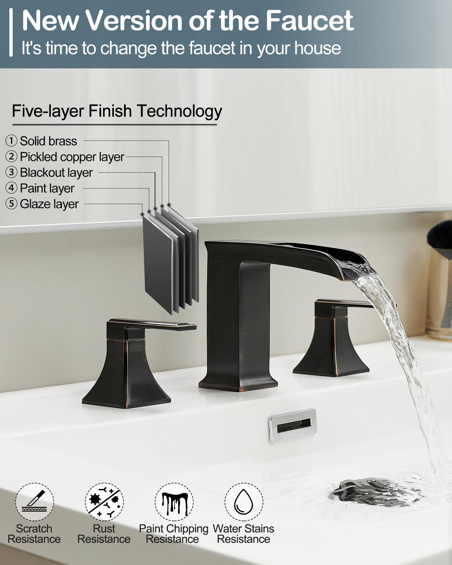 HEYMYTAP Oil Rubbed Bronze Bathroom Faucet 3 Hole, 4-16 Inch Brass Waterfall Faucet for Bathroom Sink, 2 Handle Vanity Bathroom Faucets with Pop-up Drain and Supply Hoses