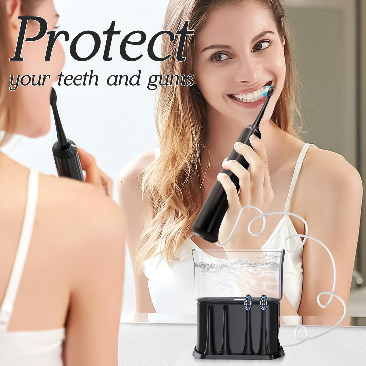 2-1 Professional Electric Toothbrush with Water Flosser, 3800VPM Ultrasonic Water Dental Flosser Toothbrush Combo- 4 Modes & 4 Intensity Levels, Brushing & Flossing for Home and Travel, Black