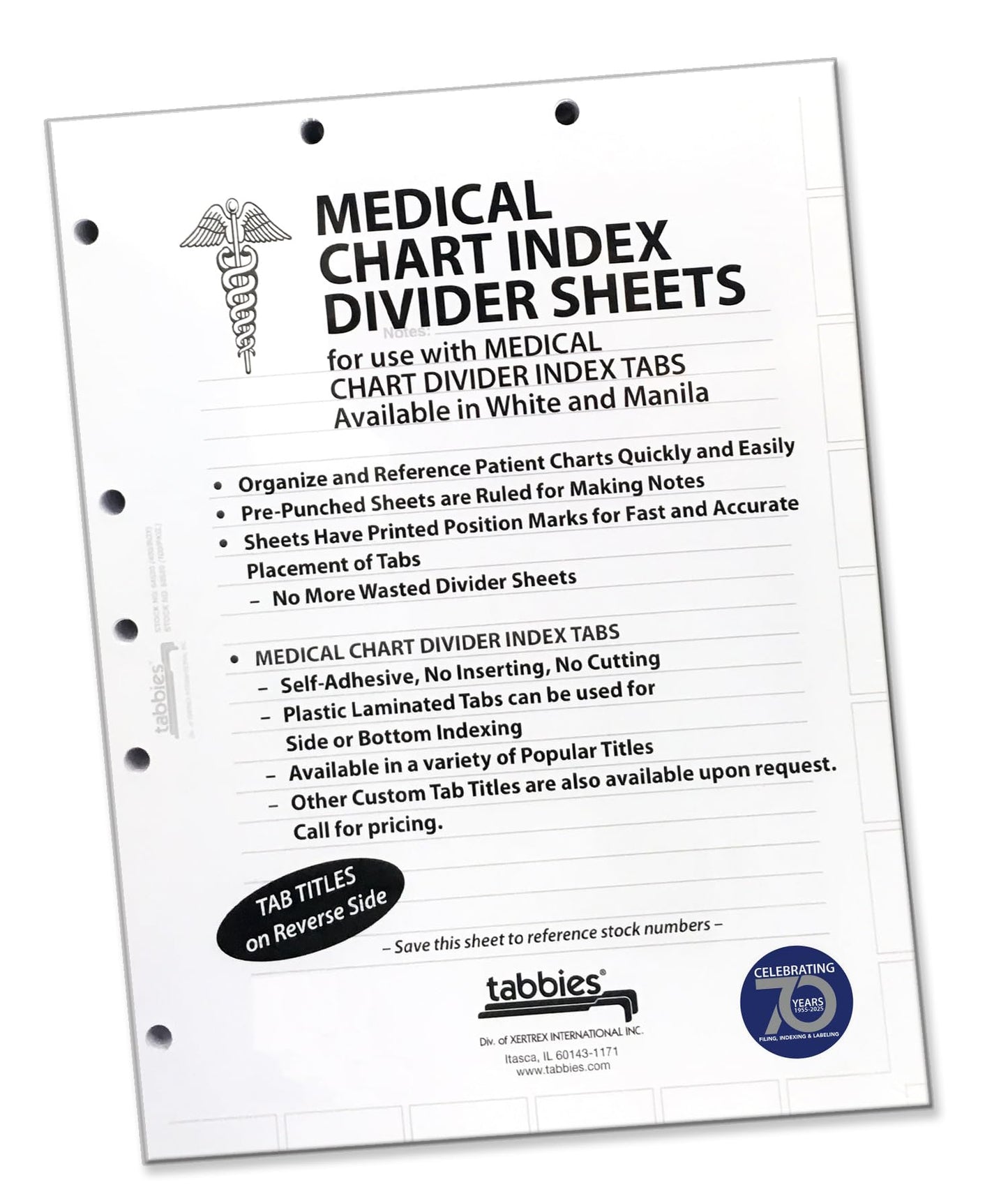 Tabbies, TAB54520, Medical Chart Index Divider Sheets, 400 / Box , White