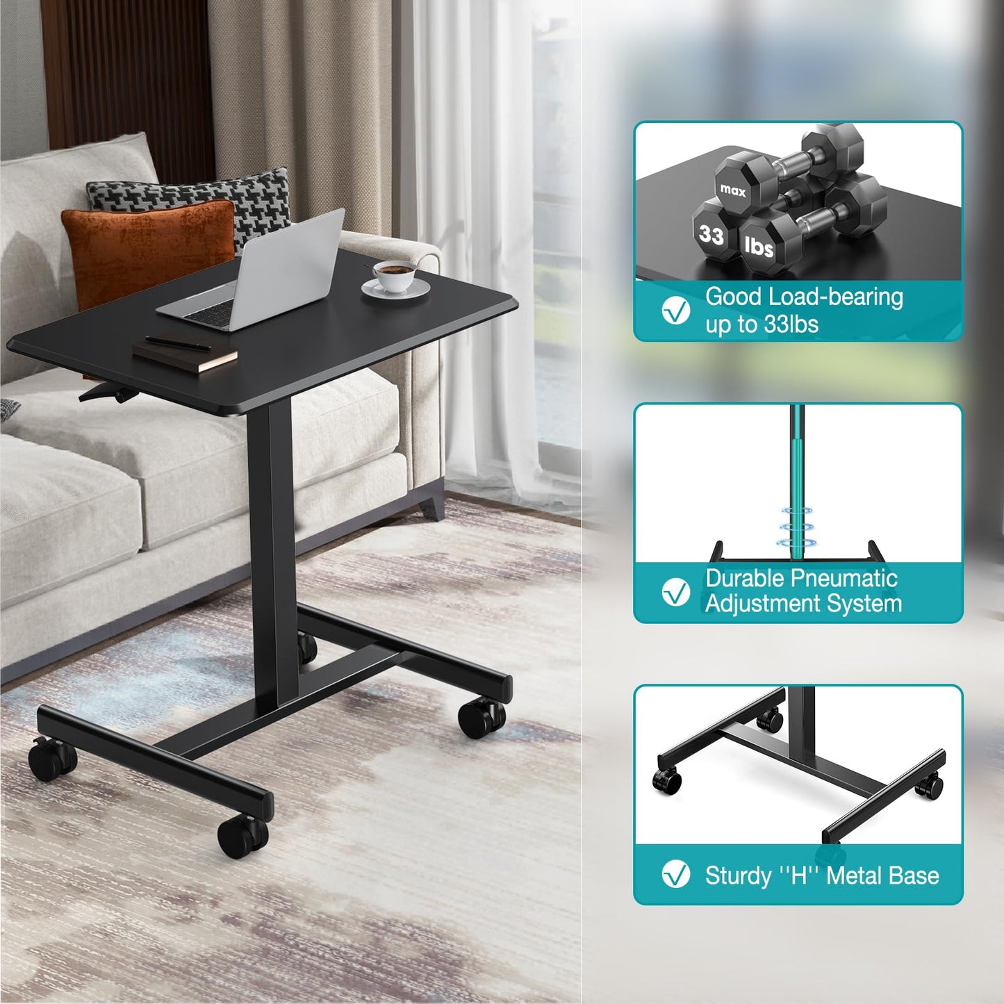 DUMOS Mobile Small Standing Desk, Portable Rolling Laptop Desk with 2 Lockable Wheels, Adjustable Height Computer Workstation for Home Office, 19 Inch Black