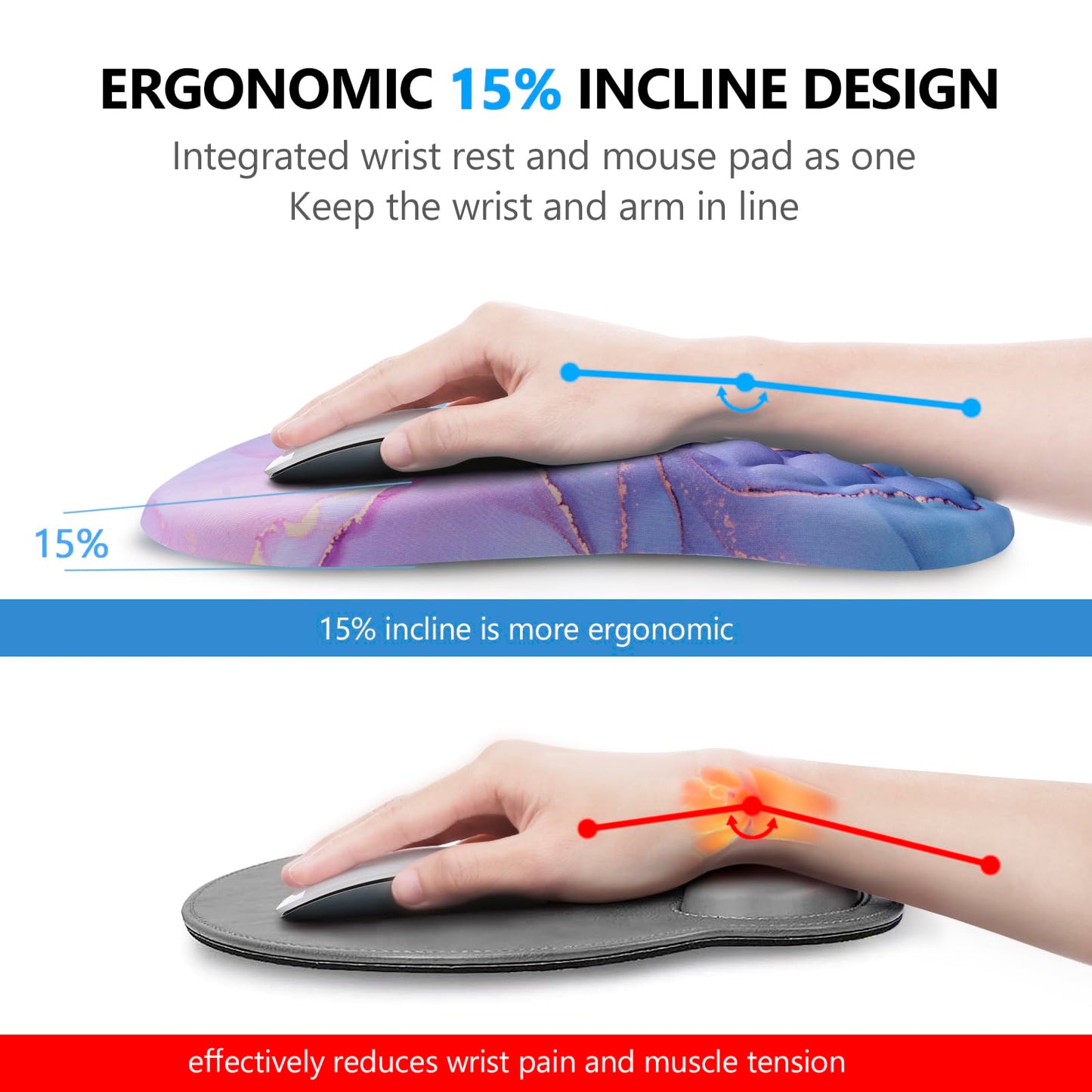 Mouse Pad Wrist Support, Laokiiy 2 in1 Keyboard Wrist Rest+ Ergonomic Mouse Pad, Non-Slip Wrist Rest for Computer Keyboard, Made Easy Typing & Relieve Wrist Pain(Blue Pink Marble)