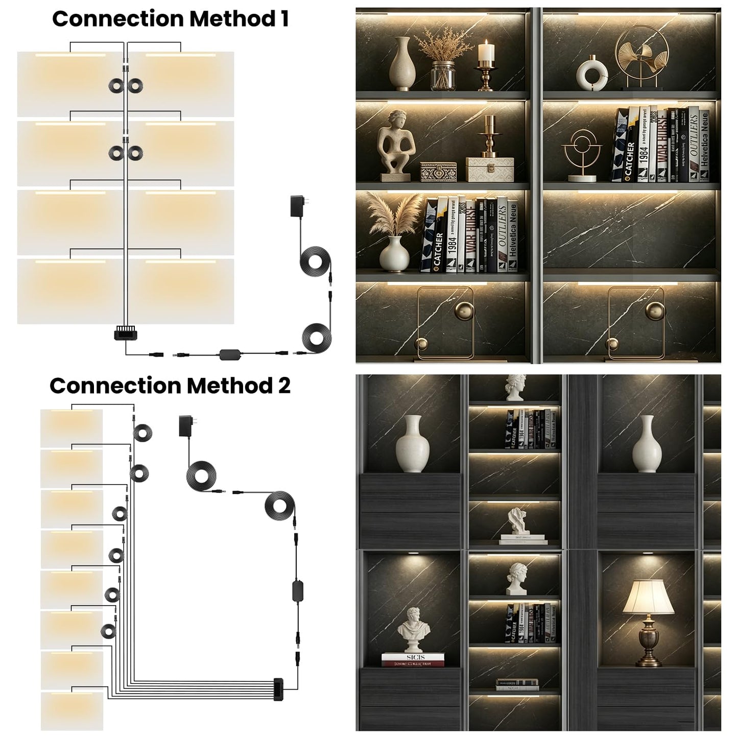 Lumtide Black Shelf Lights, LED Bookcase Lighting Compatible with Alexa, WiFi Dimmable 2700K Under Shelf Lighting for Bookshelf, Display Case, Cabinets with App, Remote, Memory Function (8Pack 12In)