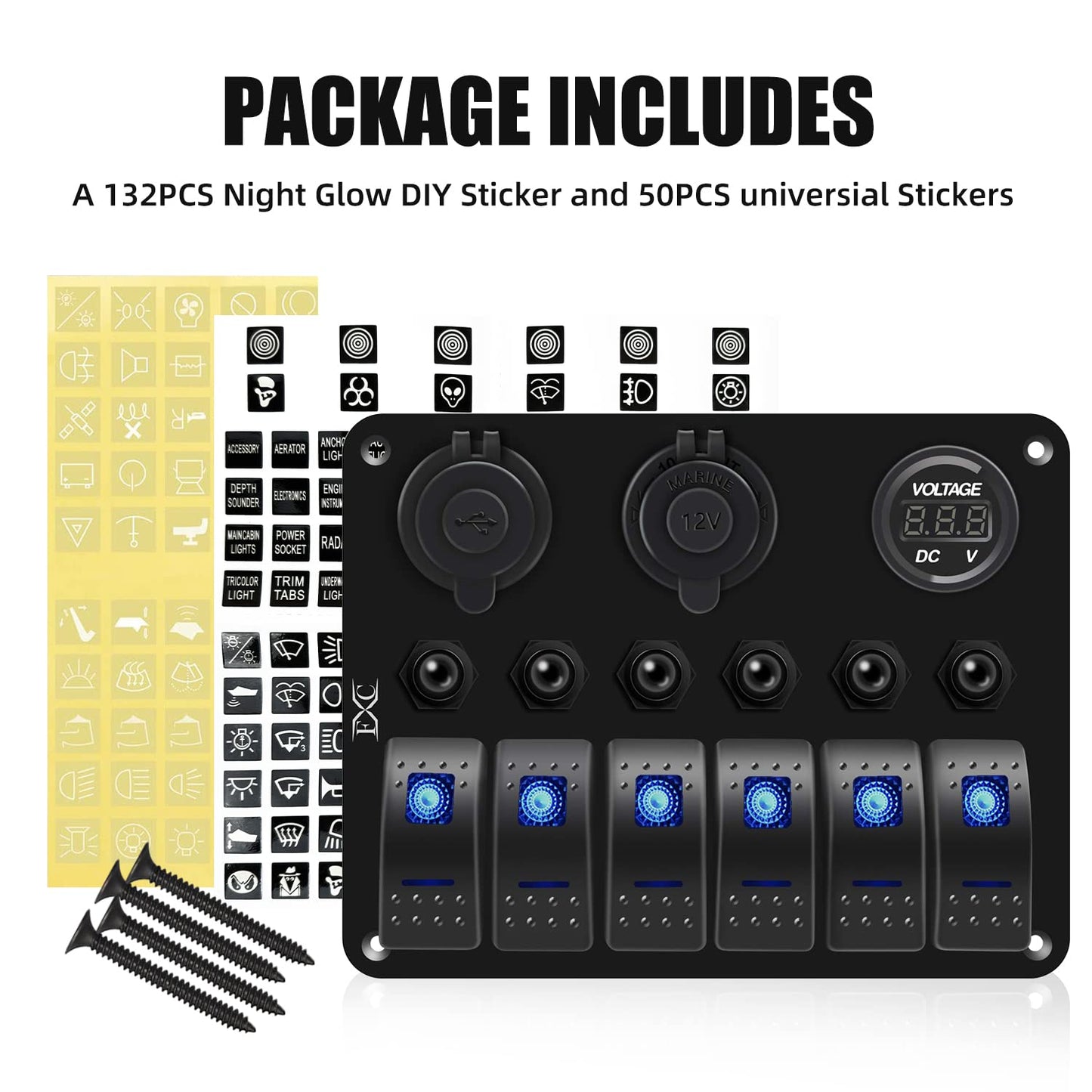 FXC Waterproof Marine Boat Blue Rocker Switch Panel 6 Gang with USB & Type-C Charger Slot Socket + Cigarette Lighter +LED Voltmeter with Overload Protection Circuit Breaker for Car Rv Vehicles Truck