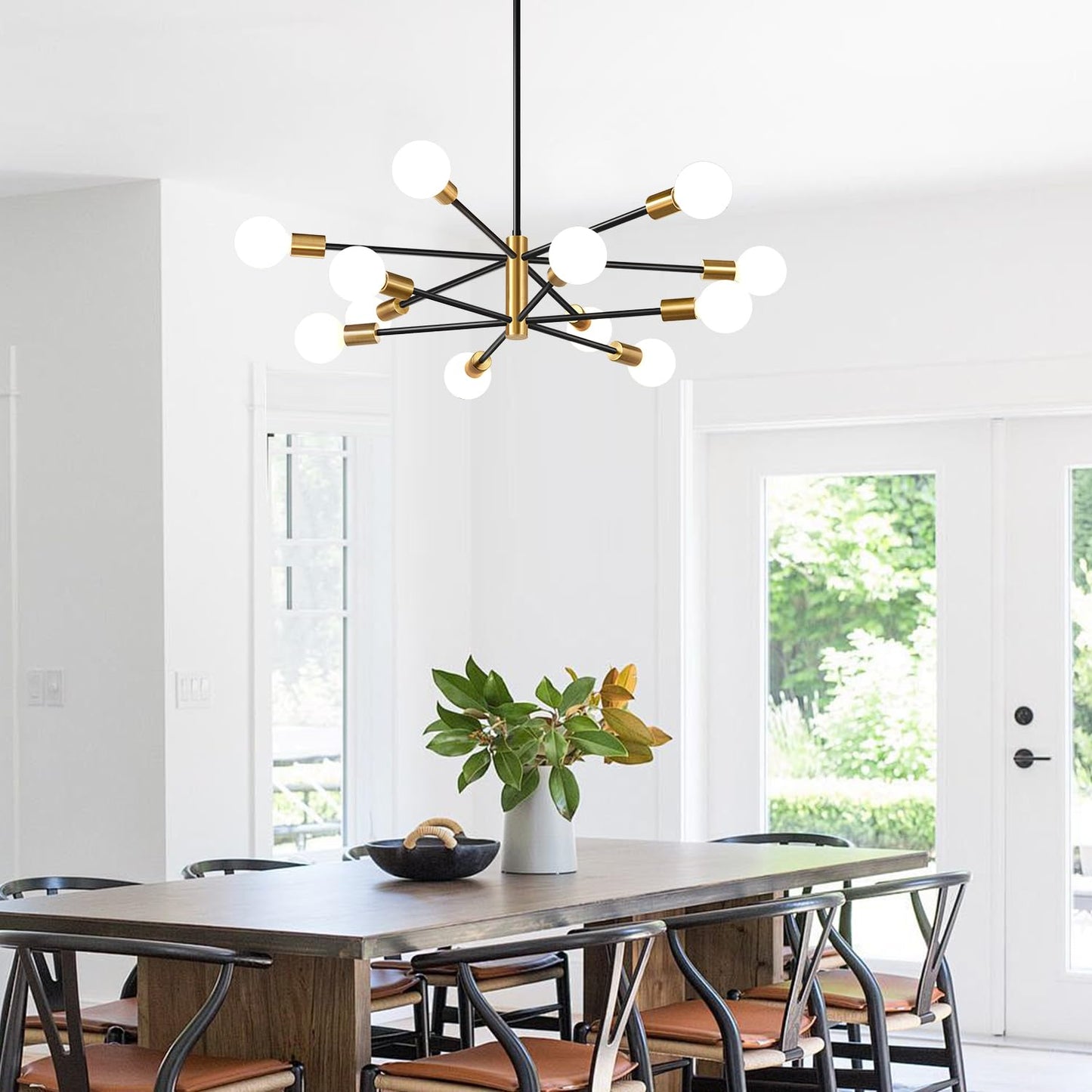 33" Modern Chandelier Ceiling Light Fixture, 12-Light Sputnik Chandeliers Brushed Gold and Black Mid Century Chandelier Over Table, Height Adjustable Chandeliers for Dining Room Living Room Kitchen