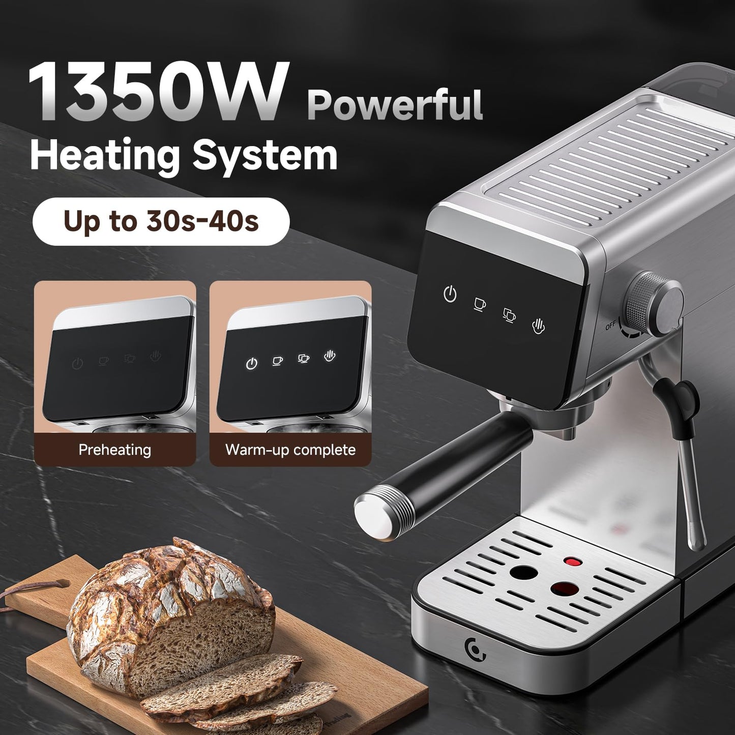 AMZCHEF Espresso Machines with LED Touch screen, Espresso Coffee machine Equip 20Bar Pressure System, Cappuccino Machine, Compact Latte Machine for Home Gifts,silver