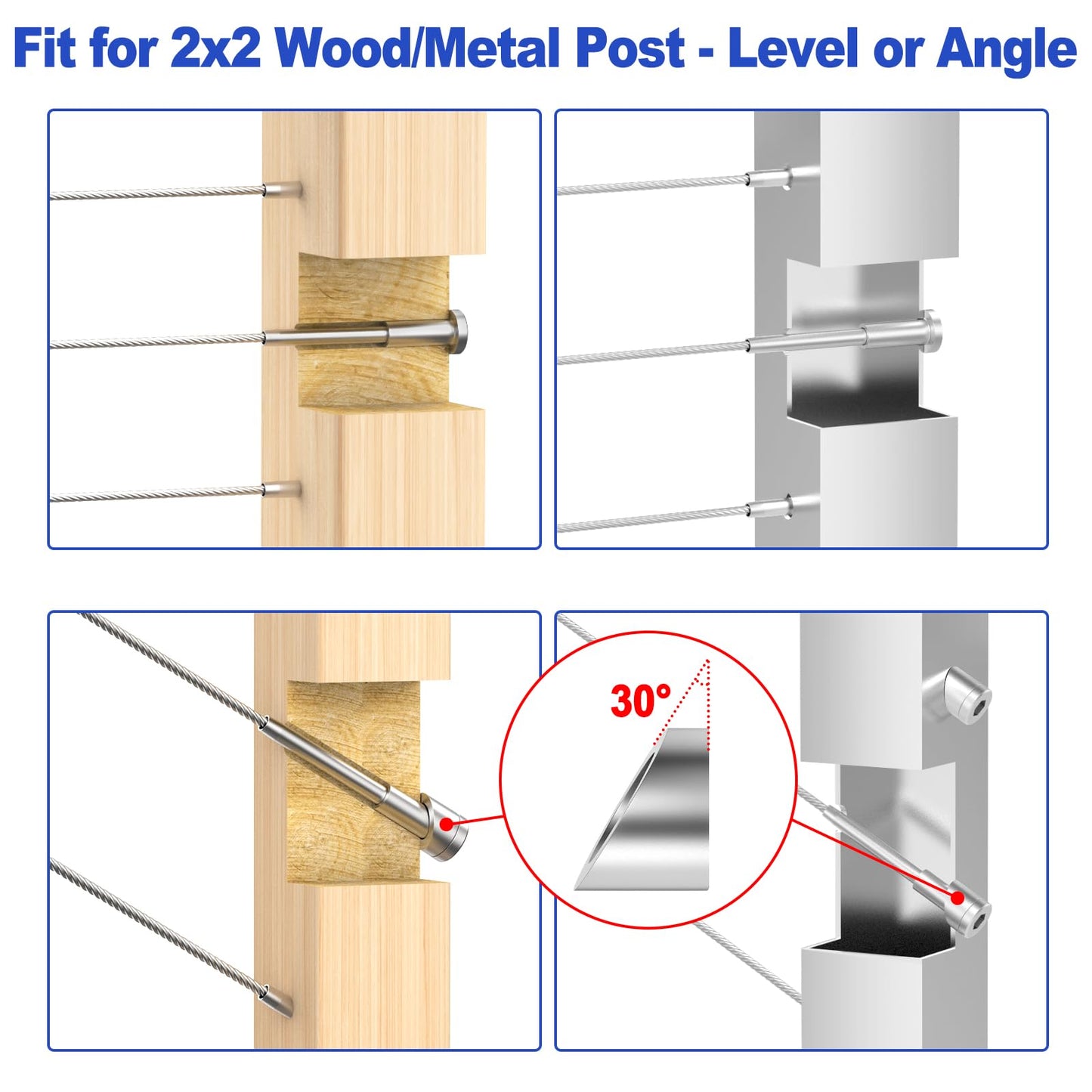 CKE 50 Pack Invisible Cable Railing Kit 1/8" Cable Railing Tensioner Invisible Receiver and Swage Stud End for Cable Railing Hardware, T316 Swage Tensioner and Terminal Hidden for 2x2 Wood/Metal Post