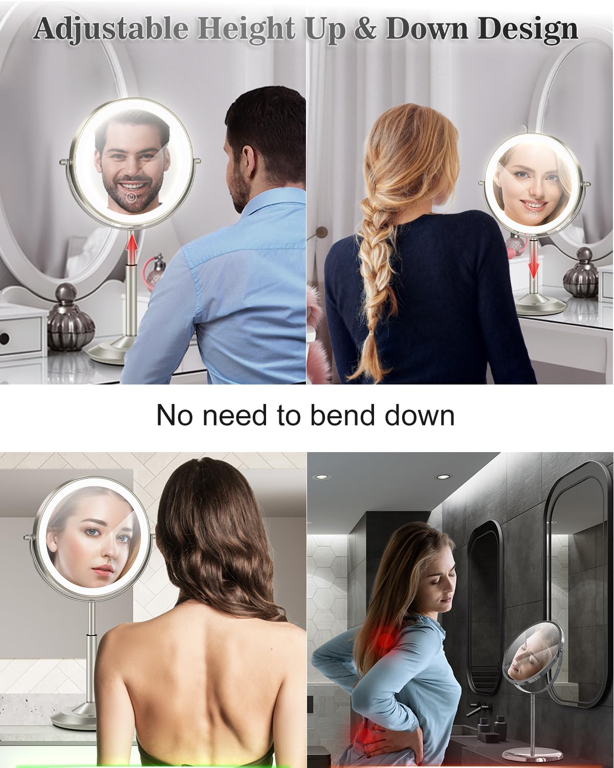 vpu Makeup Mirror with Lights, 1X/30X Lighted Magnifying Mirror Height Adjustable, 3000mAh Rechargeable Double Sided Vanity Mirrors with 3 LED Lighting and Adjustable Brightness for Desk Women Gift