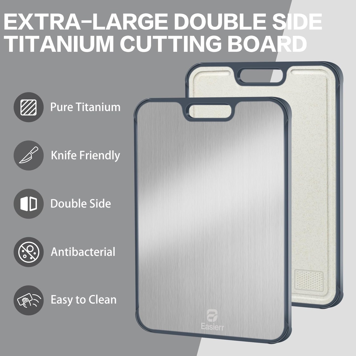 Easierr Extra Large Titanium Cutting Board for Kitchen with Juice Groove, Non Toxic 2-in-1 Cutting Boards for Chopping, Serving, Bread, Meat, Veggies, Pure Titanium and Wheat Straw PP, 17 x 12 inch
