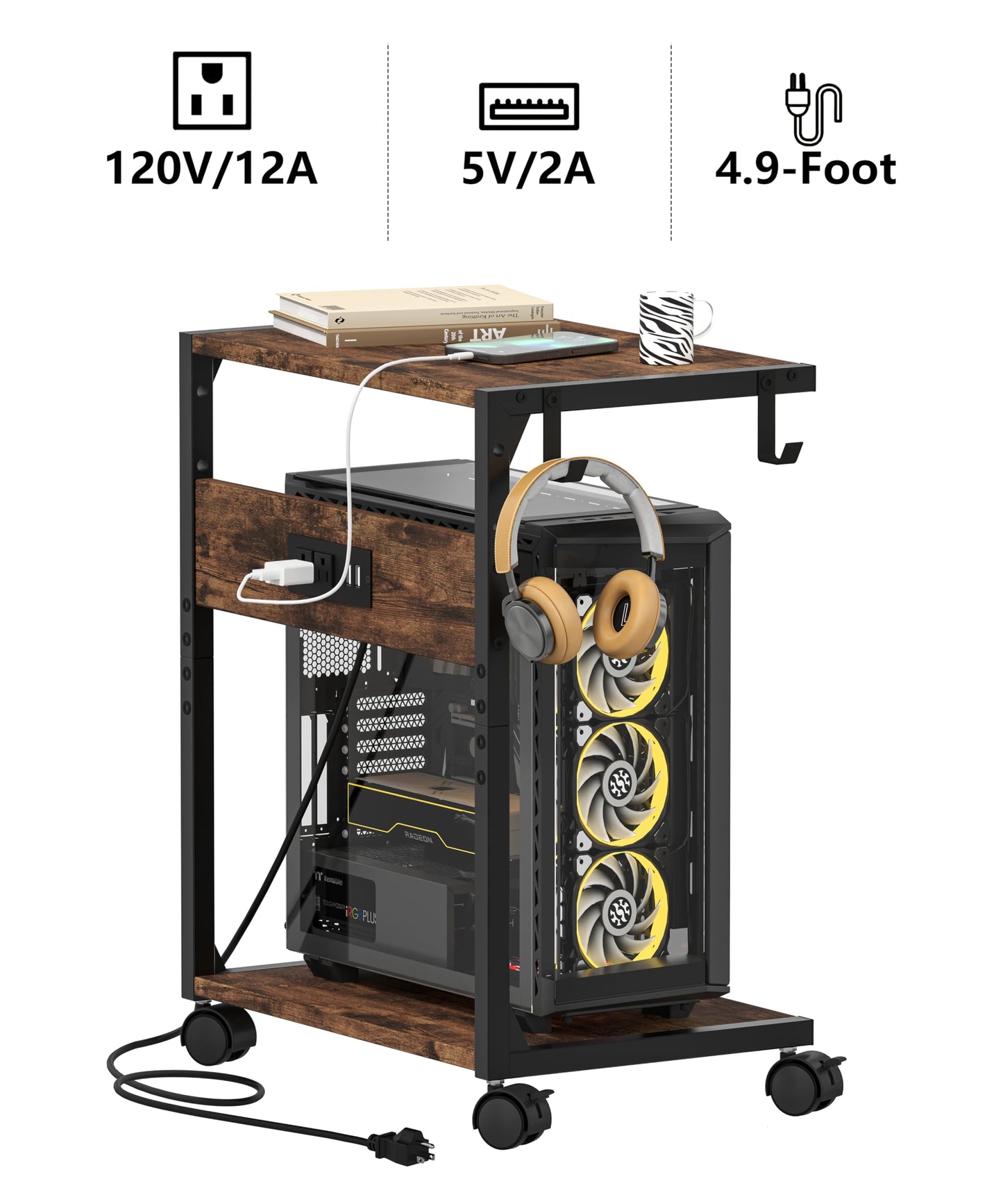 Akxomel 2 Tier Computer Tower Stand with Charging Station, 11.8" D x 16.5" W Rolling Floor PC Tower Stand Fits Under Desk, CPU Holder Cart for Carpet with Hooks, C Shaped End Table for Home Office