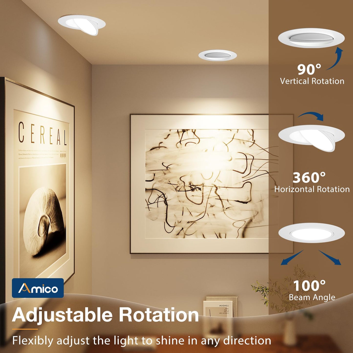 Amico 4 Pack 6 Inch 5CCT Gimbal LED Recessed Lighting, 360°&90° Adjustable Eyeball Directional Downlight, Dimmable, 2700K/3000K/3500K/4000K/5000K Selectable, CRI90+ 12W 1200LM, ETL&FCC