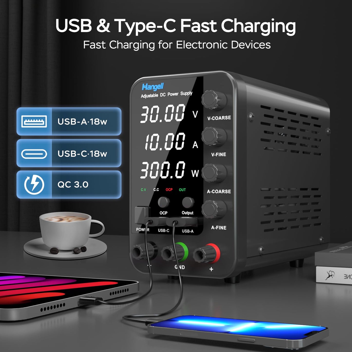 DC Power Supply Variable, 30V 10A Bench Power Supply with Encoder Coarse & Fine Adjustments Knob, Adjustable Switching Regulated lab Power Supplies with 5V 3.6A USB & Type-C Quick-Charge