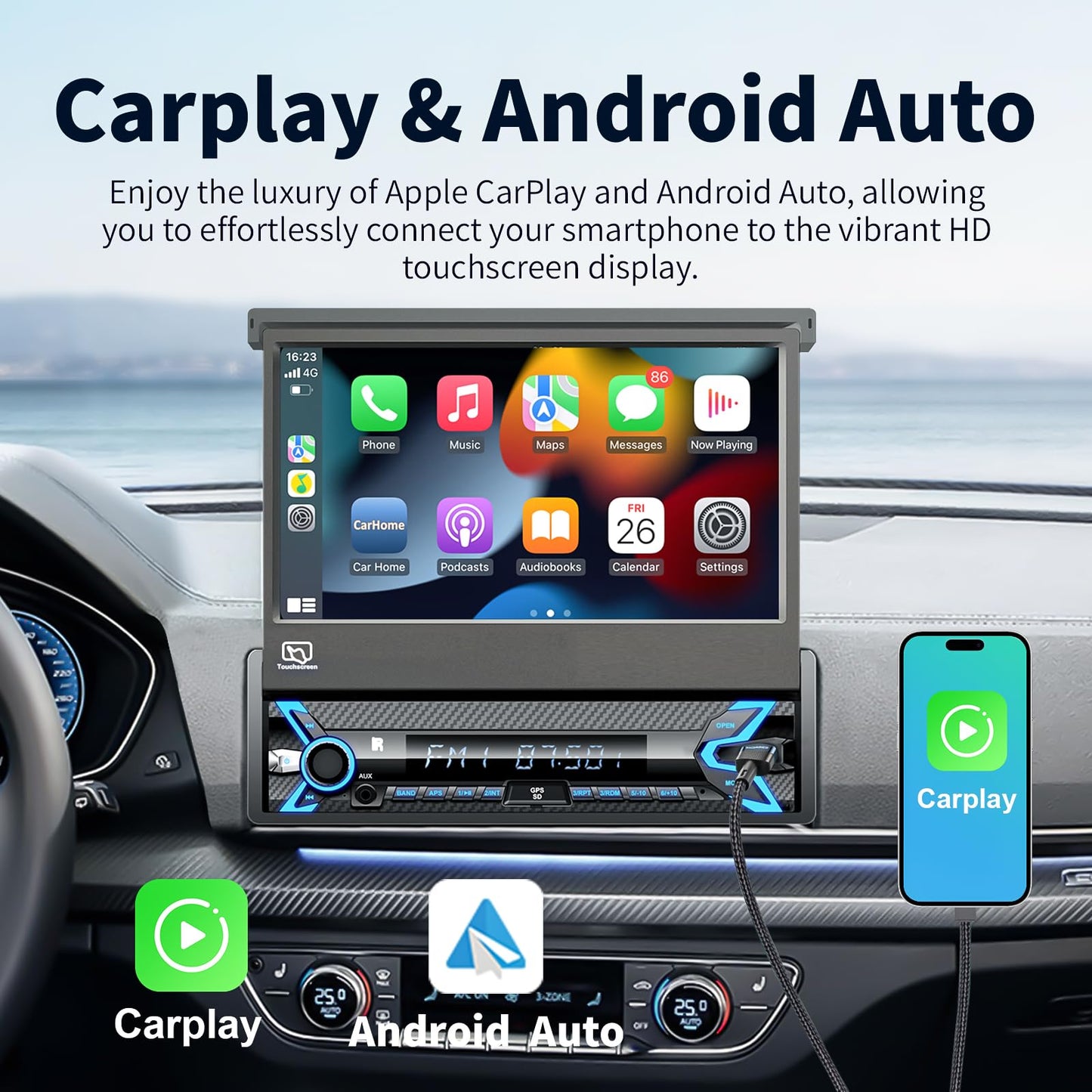 2025 7-inch Motorized Flip-Out Single Din Car Stereo with Apple CarPlay & Android Auto, Bluetooth, HD Touchscreen, Backup Camera, USB/SD/AUX Input, AM/FM Radio, Subwoofer Support & DSP