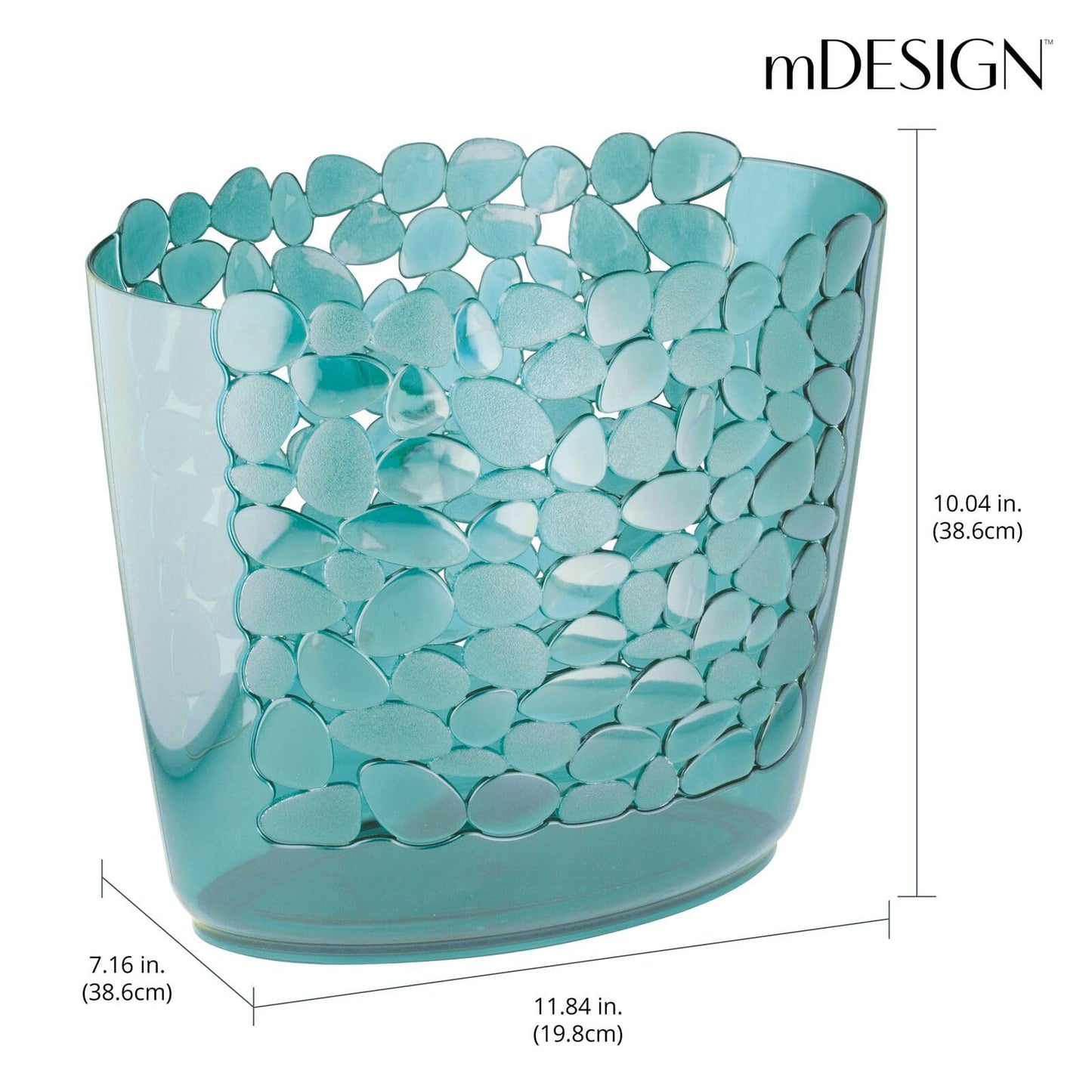 mDesign Plastic Slim Oval 2 Gallon Trash Can Wastebasket Garbage Bin - Decorative Themed Basket for Bathroom, Bedroom, Office - Hold Trash, Waste, Recycling - Pebbles Collection - Blue