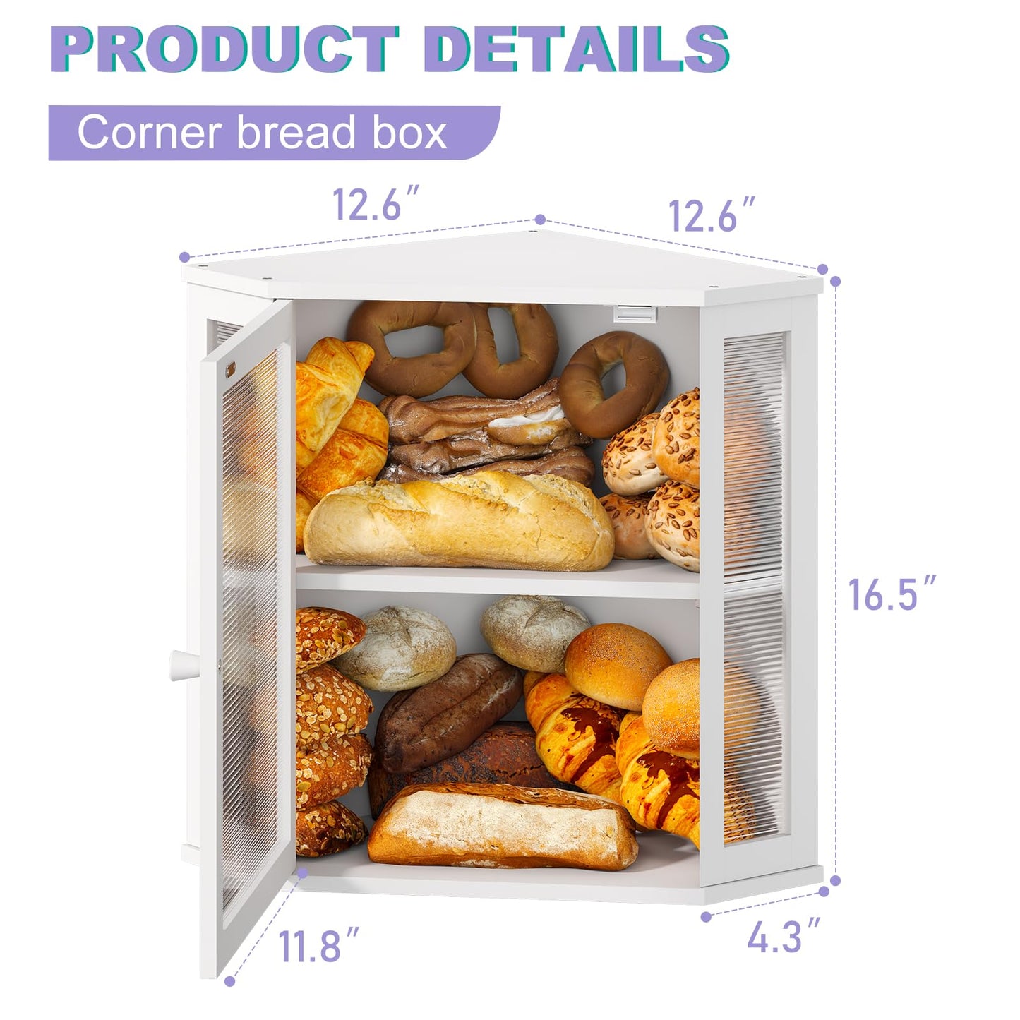 Wieghda Corner Bread Box for Kitchen Countertop, Farmhouse Style with Acrylic Wavy Door Panel White Counter Bread boxes, Extra Large Food Storage Container