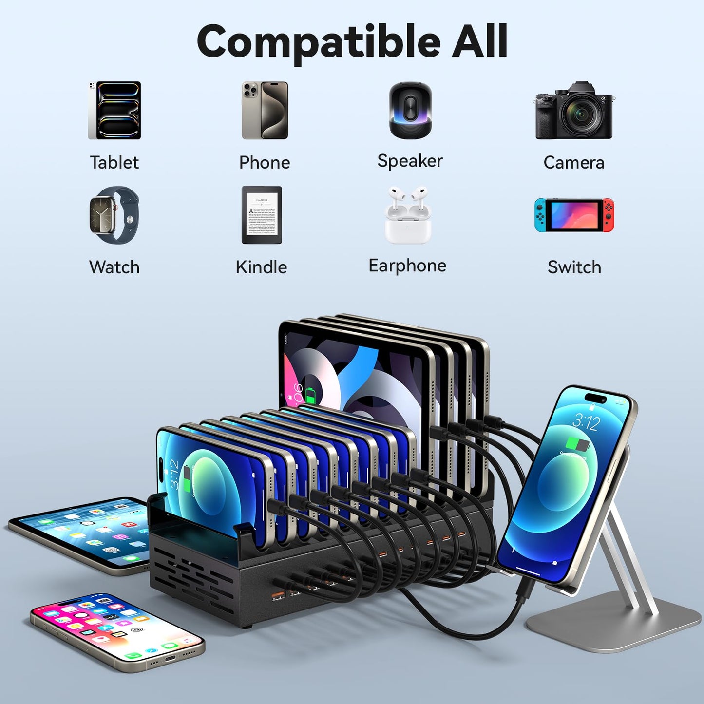 300W Charging Station for Multiple Devices, ALI SEA 24 Port USB C Fast Charging Station, Multi Device Charger Station Organizer Compatible with Cellphone, Tablet, Kindle, iPhone iPad and More