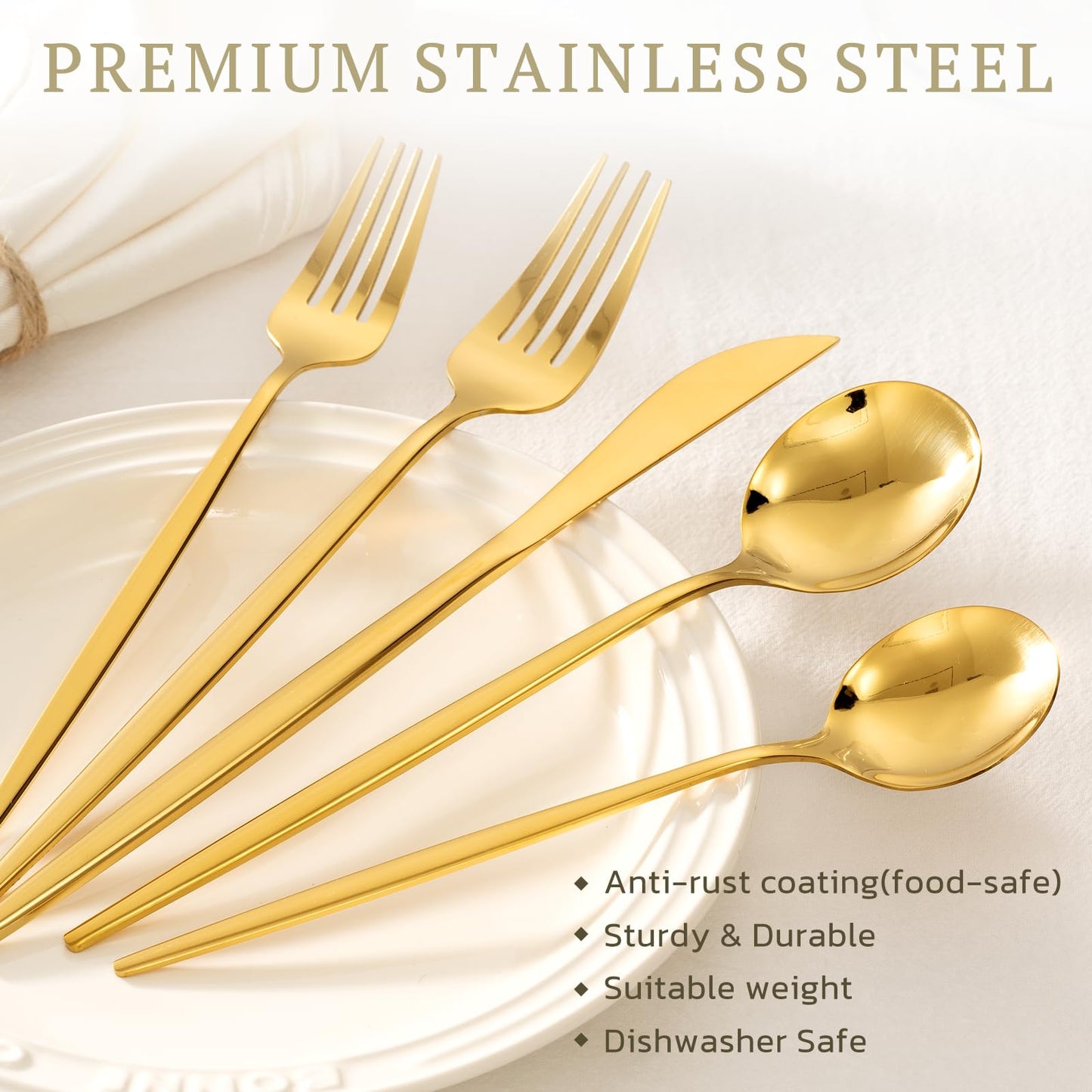 Astercook Silverware Set 48-Piece Gold Flatware Set with Steak Knives Food-Grade Stainless Steel Cutlery Set for 8 Mirror Polished Utensils Set for Home Kitchen Restaurant