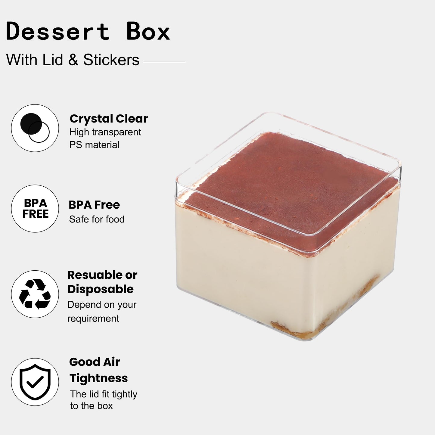FZJ 50 Pack 15OZ Square Clear Plastic Dessert Cups with Lids and Stickers Disposable Fruit Cups for Dessert,Tiramisu container with lid,Cupcake,Parfait,Pudding,Iced Cold Drinks,Fruits,Bakeries