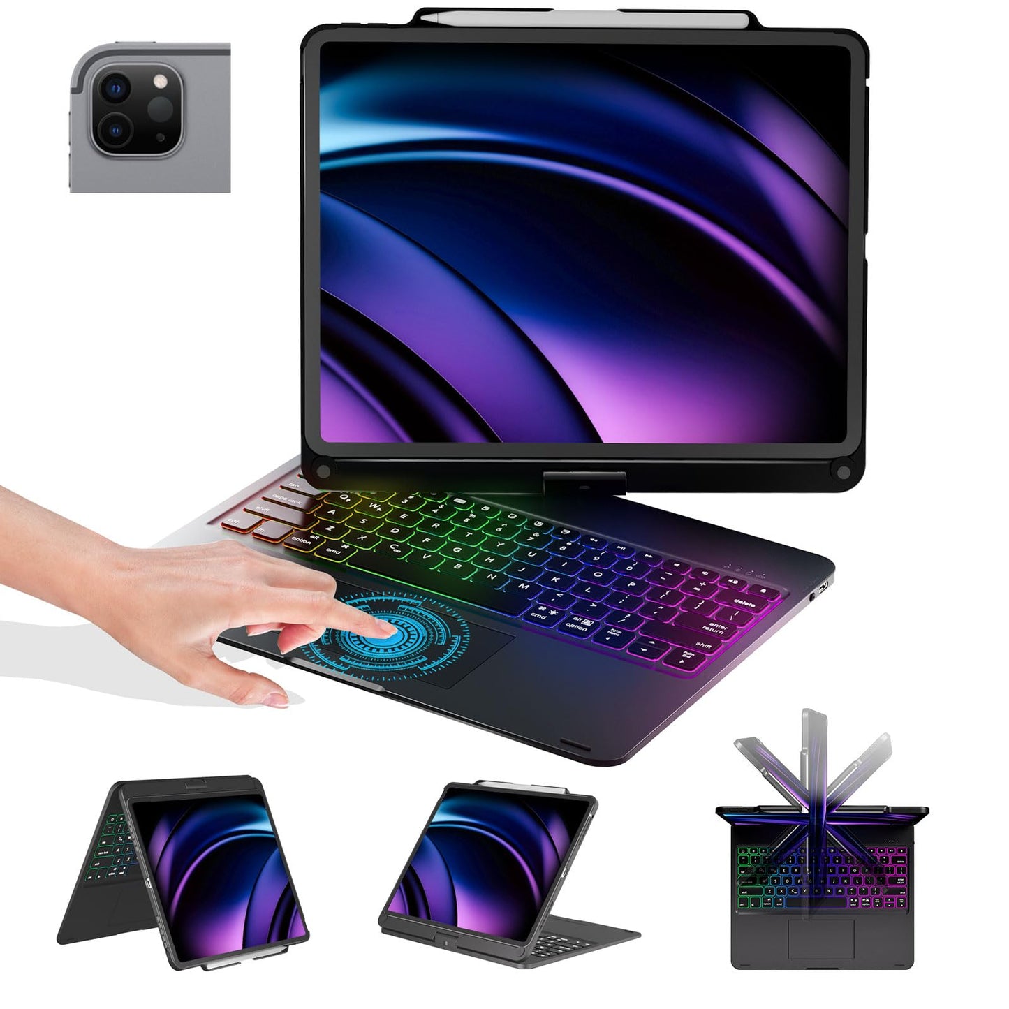iPad Pro 12.9 inch 6th Generation 2022 Case with Keyboard and Touchpad, Compatible with iPad Pro 12.9-inch 5th Gen 2021/4th Gen 2020/3rd Gen 2018, Rainbow Backlits & Apple Pencil Charging - Black
