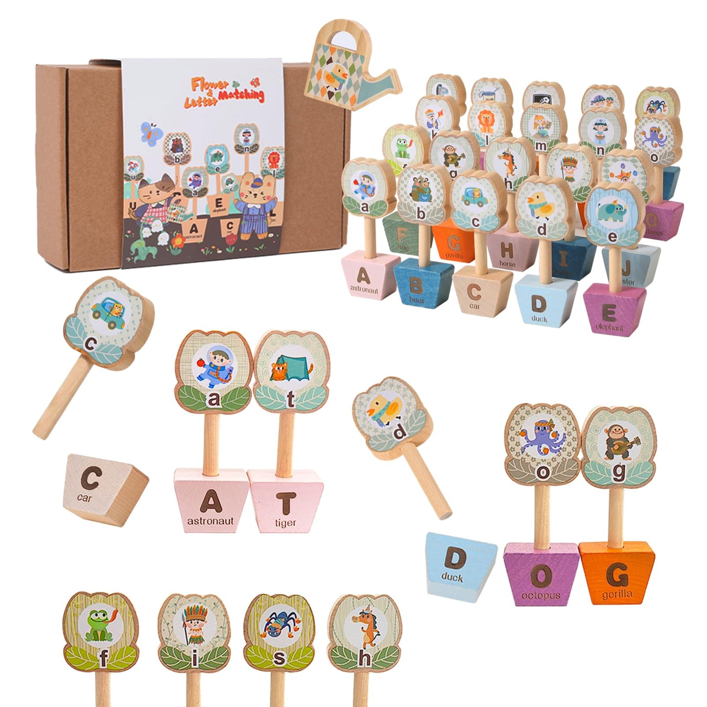 Montessori ABC Learning Toys for Kids, Wooden Matching Games for Toddlers 3-5 - Letter & Flower Matching Alphabet Puzzles with Storage Bag, Fine Motor Skills Toys Gift for Girls Boys 3+ Years Old