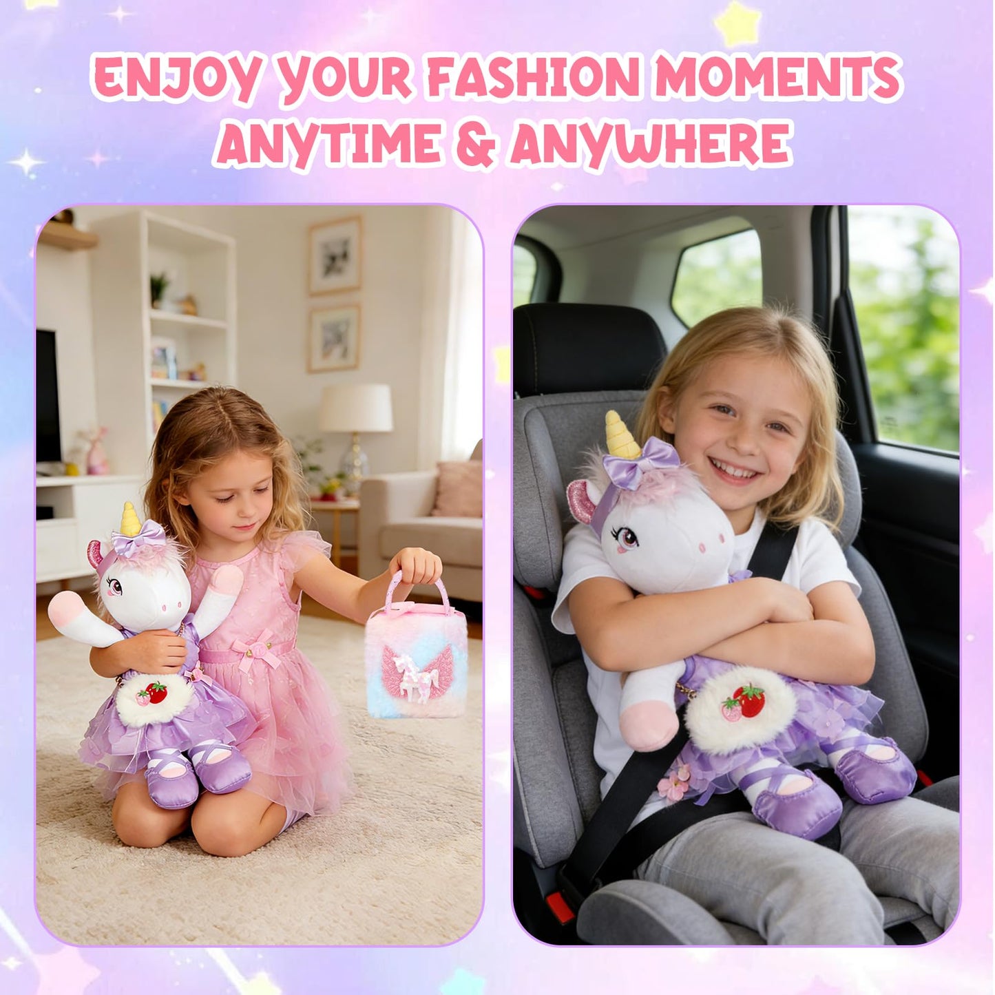 ZeffuLyne Unicorn Stuffed Animals, 11PCS Unicorns Toys for Girls Age 4-6 Ballerina Doll Stuffed Animal Toy with 2 Set Ballerina Dresses, Shoes, Bags & Hair Clips, Birthday Gifts for Girls Age 4-8
