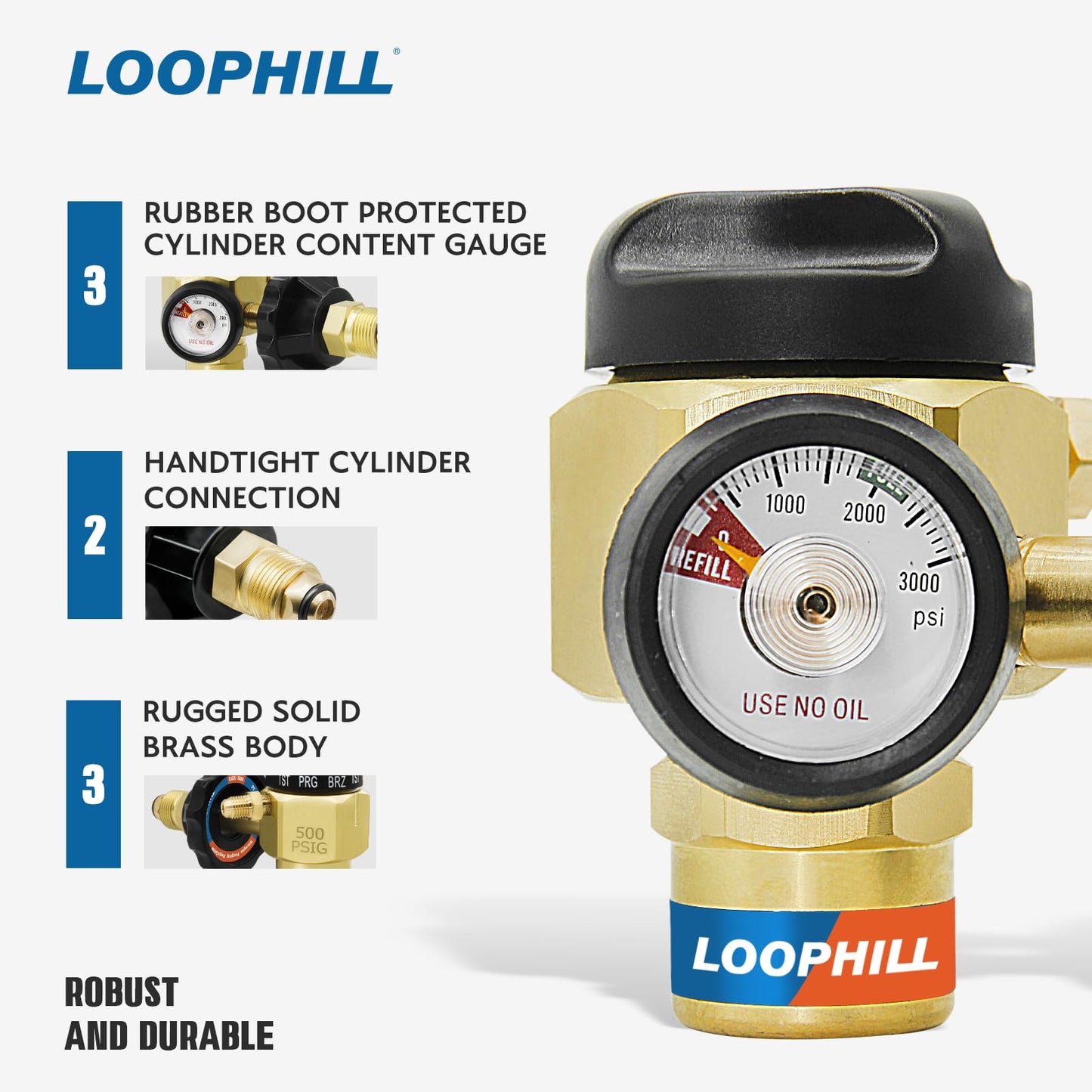LOOPHILL VN-500 Nitrogen Purging Regulator w/500PSI - 4-Position Flow Control (TST/PRG/BRZ/OFF), Heavy-Duty Brass Body for Leak Testing & Welding Protection