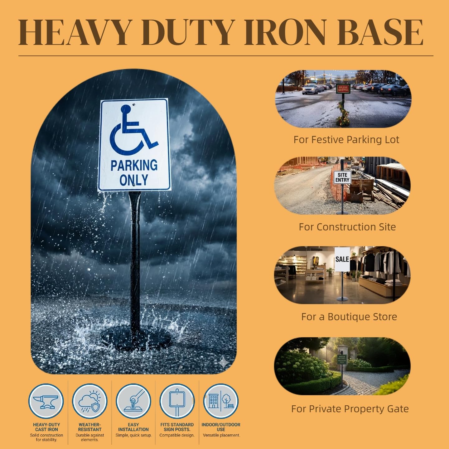 Kdgarden Heavy Duty Cast Iron Sign Post and Base Kit - 12" DIA Stand with 48" Post and Bolts & Nuts for Hanging Signs, Portable Sign Holder for Parking and Recreational Use