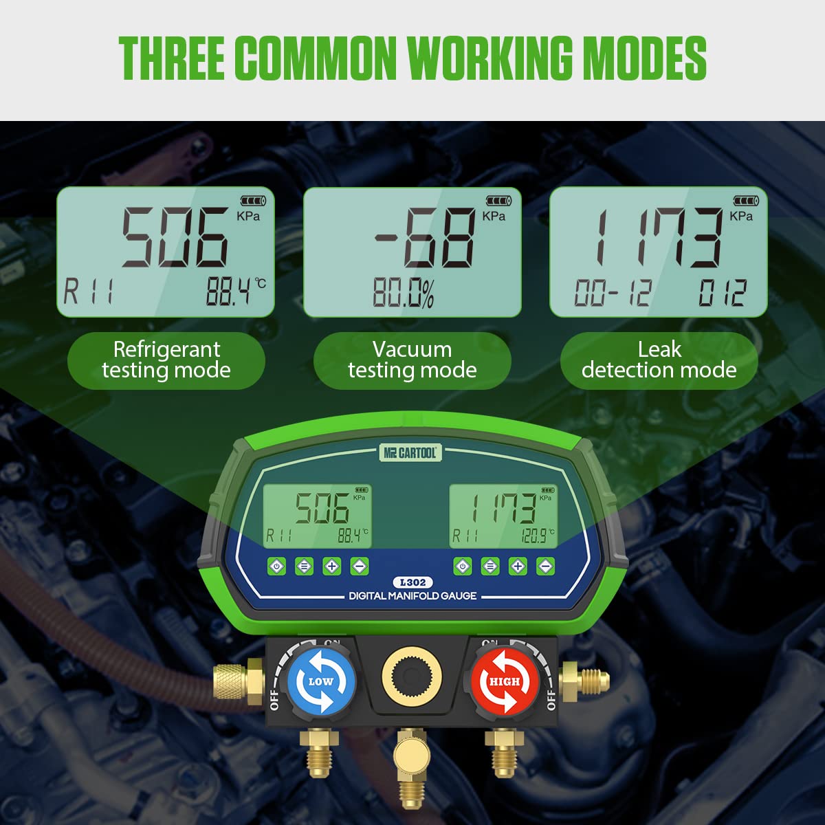 MR CARTOOL L302 Digital Manifold Gauge Set 2-Valve Refrigerant HVAC Systems Leakage Pressure Tester Tool with 3 Hoses for Air Conditioning Refrigeration Recharging