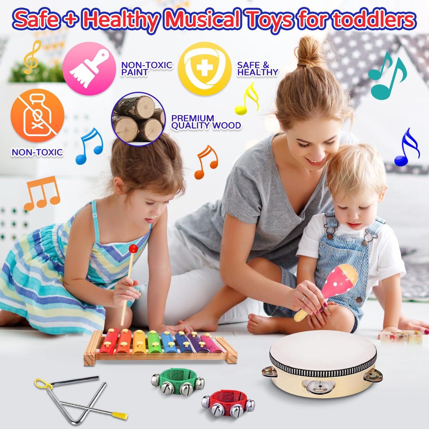 INLAIER - Children's musical instruments, wooden percussion instruments, tambourine, xylophone, children's toys, preschool education, early learning, musical toy for children and