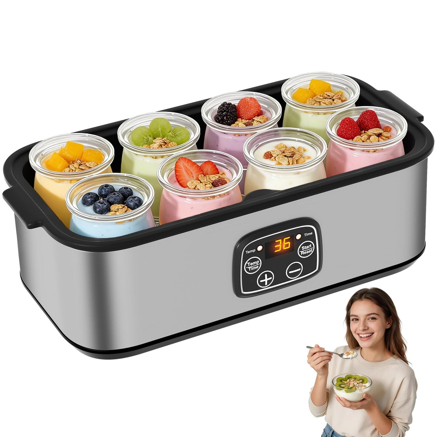Yogurt Maker with Adjustable Time and Temp Control, Yogurt Maker Machine with Automatic Shut-Off & Constant Temper for Homemade Probiotic, Greek Yogurt, BPA-Free (Black Grey, 48 oz/8 Jars)