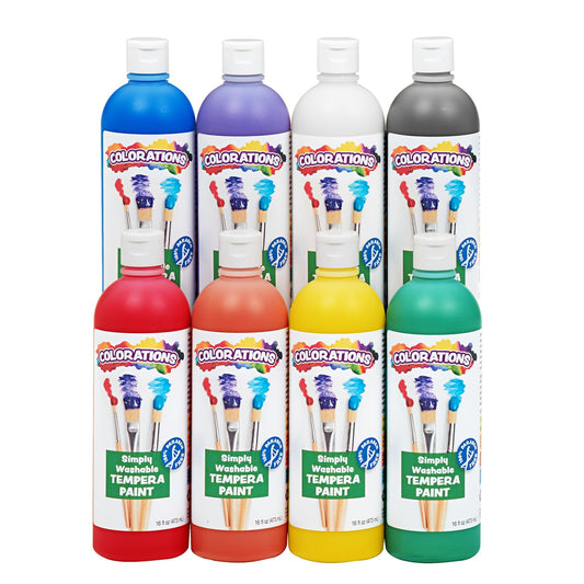 Colorations Paraben-Free Simply Washable Tempera Paint, Rainbow Plus 8 Pack, Matte Finish, Classroom Supplies, Vibrant Colors, Non-Toxic, Washes Off Easily, School, Craft, Art Supply Set, Each 16oz