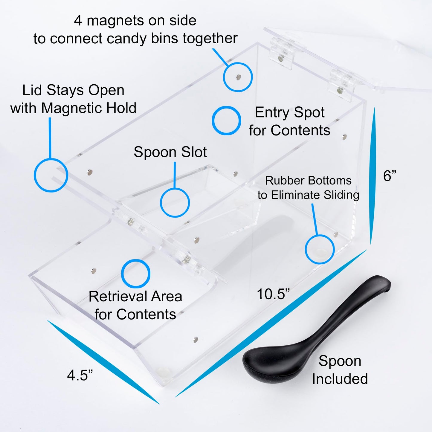 IneVibe Candy Bin Topping Dispenser - Acrylic Bulk Sprinkle Container w/Scoop, Stackable & Magnetic for Multiple Holders on Shelf - Commercial Setting for Cereal, Nuts, Candies & Snack Food Storage