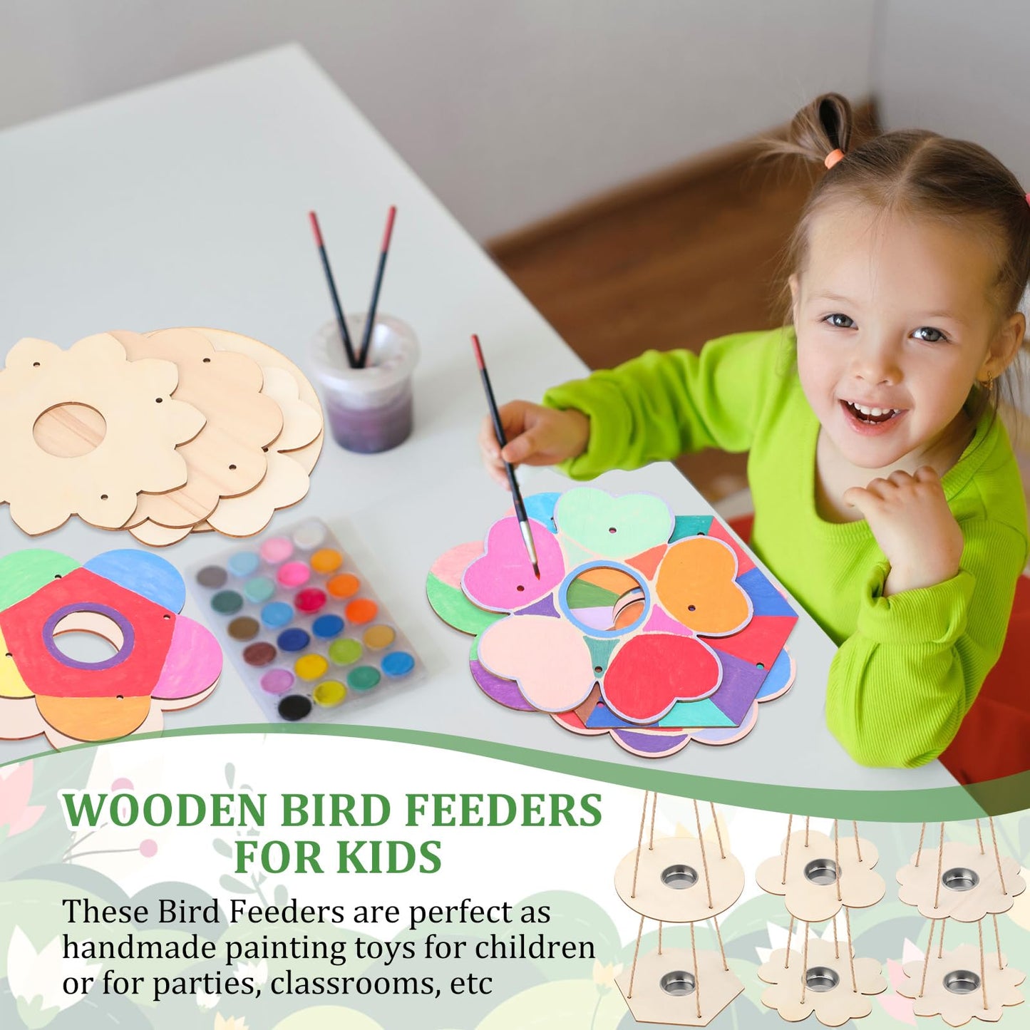 DoubleFill 72 Pcs Bird Feeder Craft Kits for Kids Ages 3-8 Make Your Own Bird Feeders Kids Arts and Crafts DIY Wooden Art Painting Flock Feeders for Outside DIY Craft for Garden Outdoor Decoration