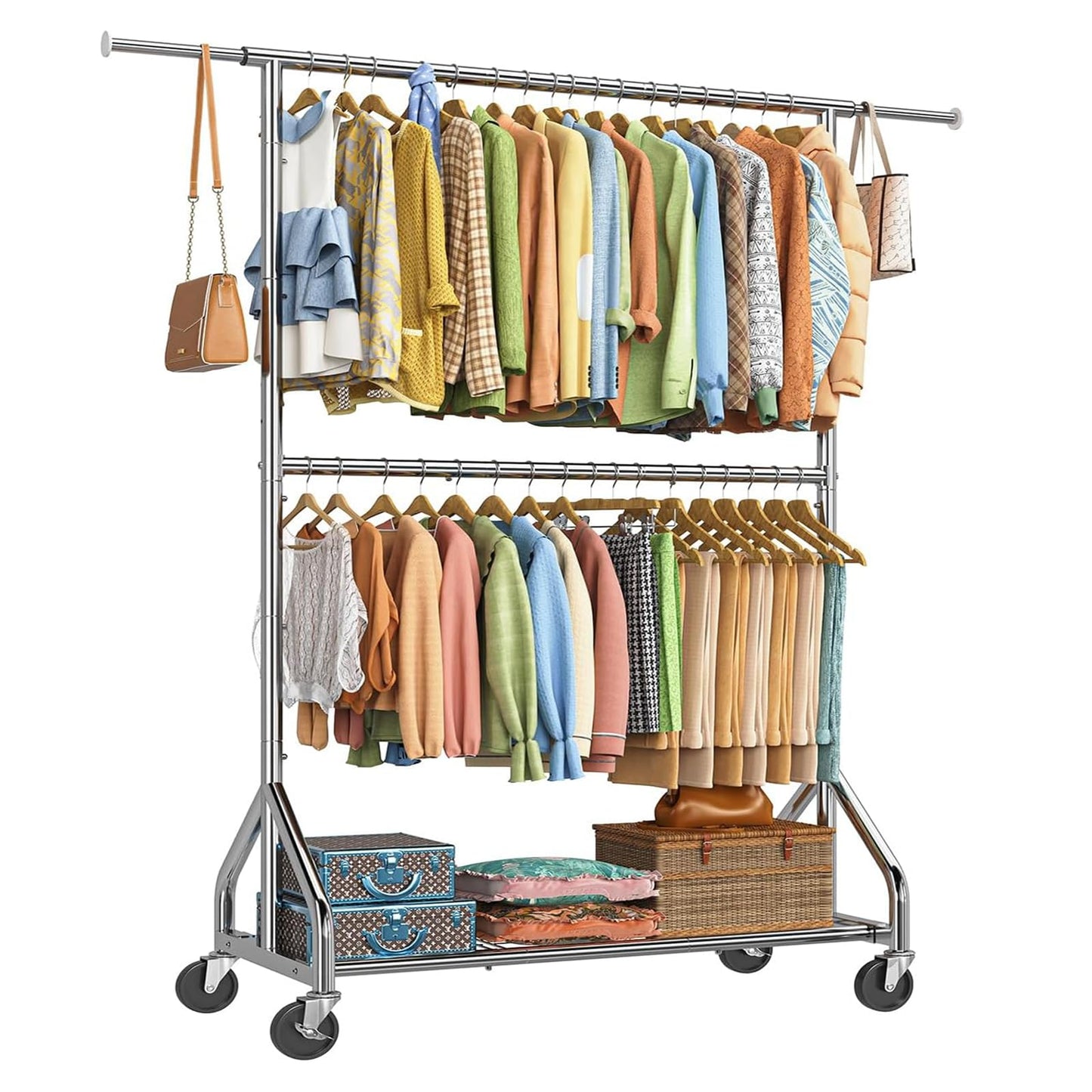 Simple Trending Heavy Duty Clothes Rack, Double Rod Clothing Rack for Hanging Clothes, Rolling Garment Racks with Lockable Wheels, for Bedroom Laundry Living Room, Chrome