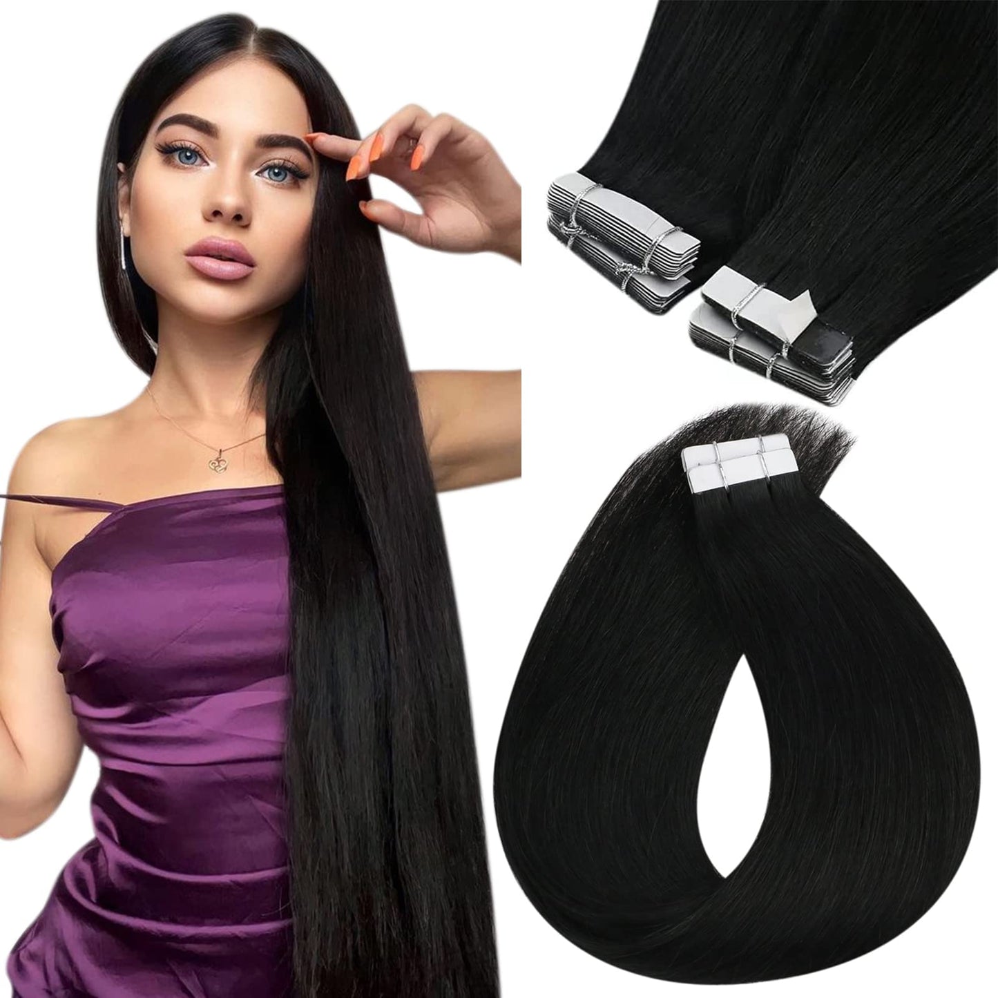 Sunny Hair Black Tape in Human Hair Extensions Invisible Tape in Hair Extensions Human Hair Black Human Hair Tape in Extensions Jet Black 28 Inch Tape in Hair Extensions Long Straight Hair 50g 20pcs