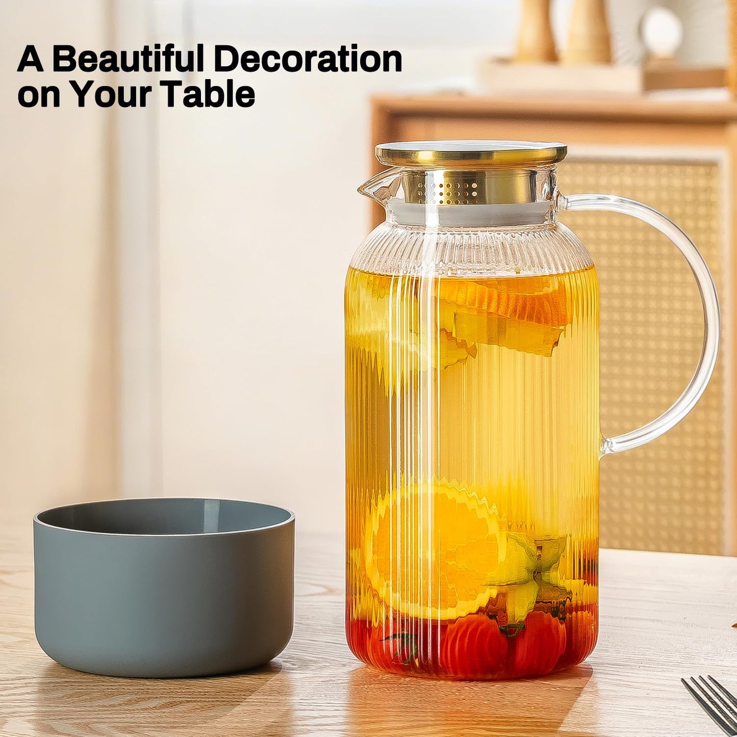 Buaic 2 PACK Glass Pitcher with Lid, 68 oz/ 2 Liter Classic Vertical Stripes Water Pitcher with Silicone Base, Glass Water Carafe for Cold Brew, Coffee, Lemonade, Iced Sun Tea,Beverage,Heat Resistant