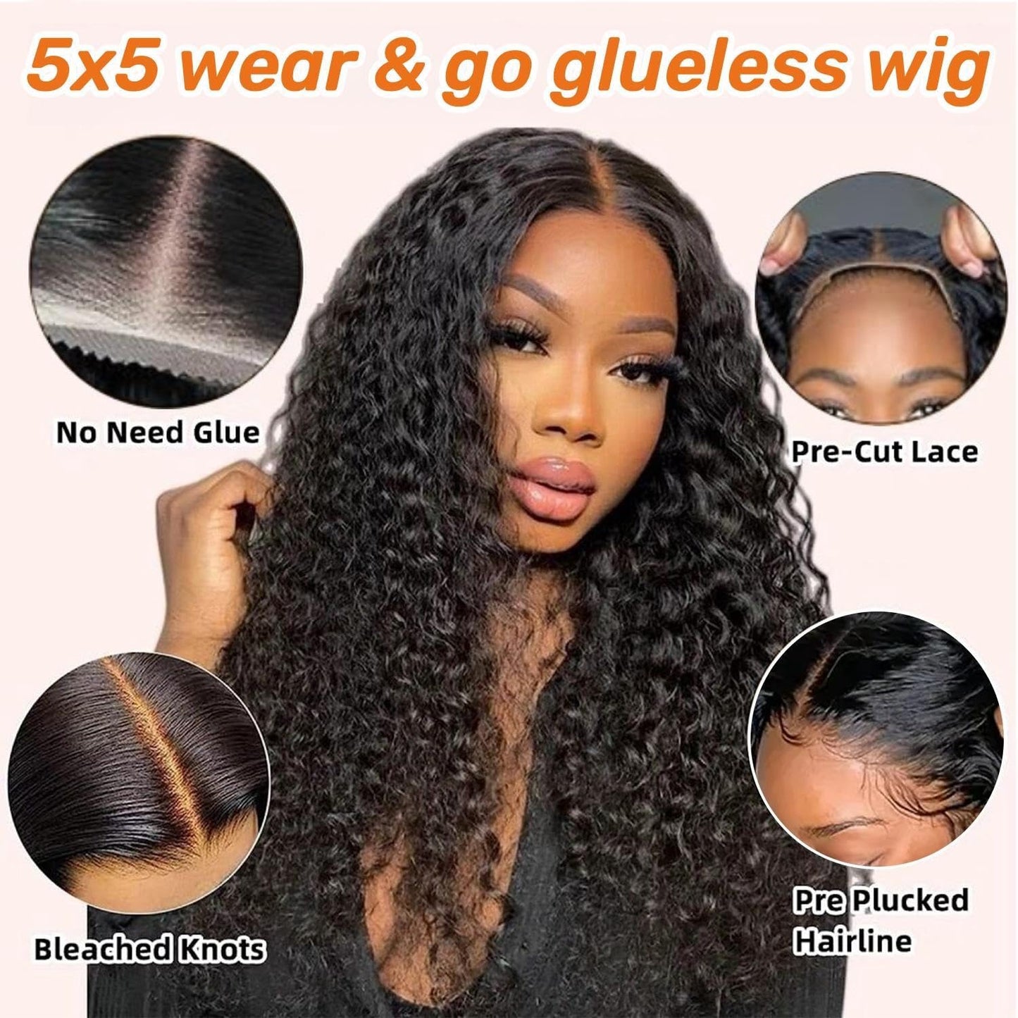 ONICE Wear And Go Glueless Wigs Human Hair Pre Plucked Pre Cut 5x5 HD Lace Closure Human Hair Wigs For Black Women Upgraded No Glue Deep Wave Lace Front Wigs Human Hair(Black,24Inch)