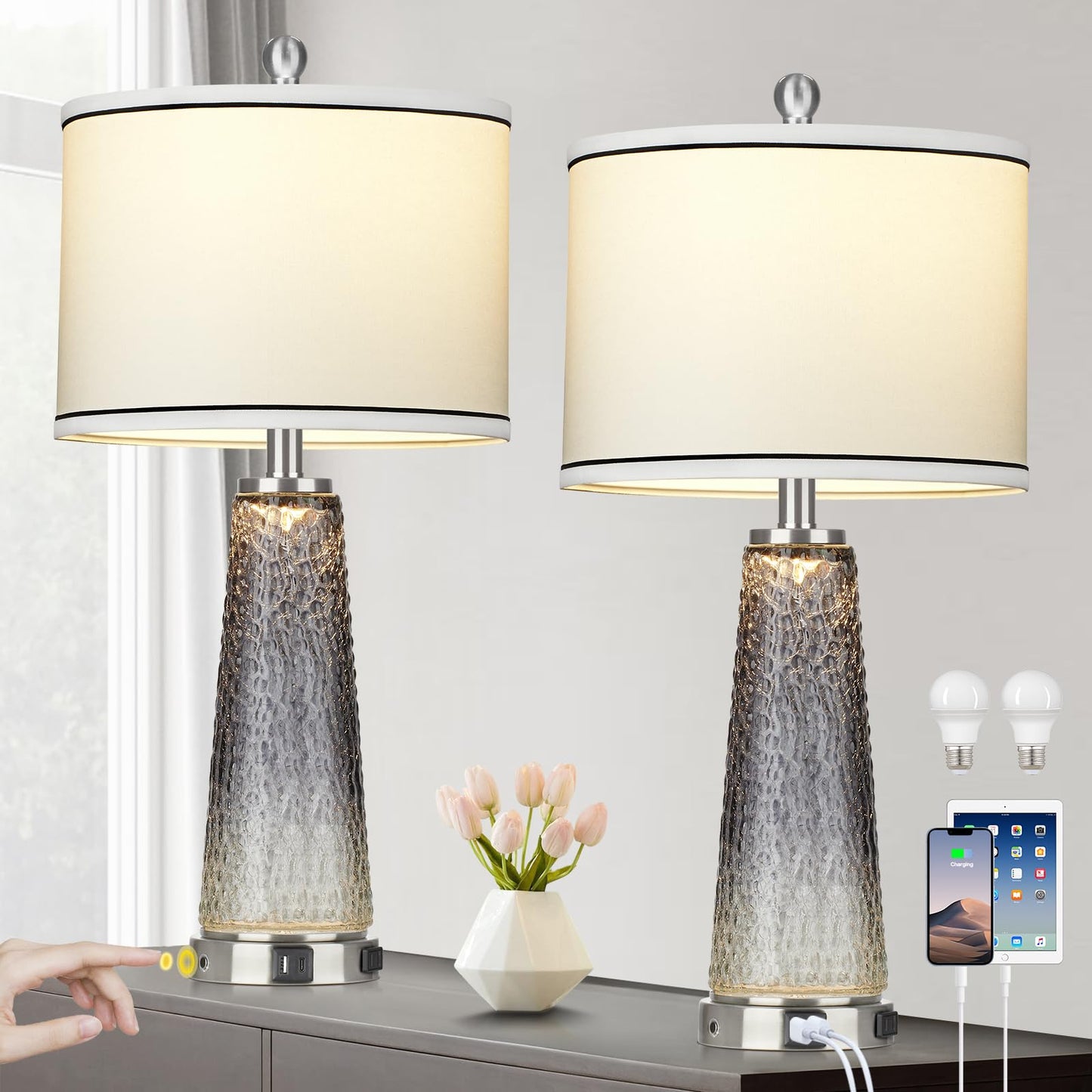 Glass Table Lamp Set of 2, 26" Modern Table Lamps with USB A+C Ports & AC Outlet, Touch Control Bedside Nightstand Lamp with LED Night Light for Living Room Bedroom Home Decor Black(4 Bulbs Included)