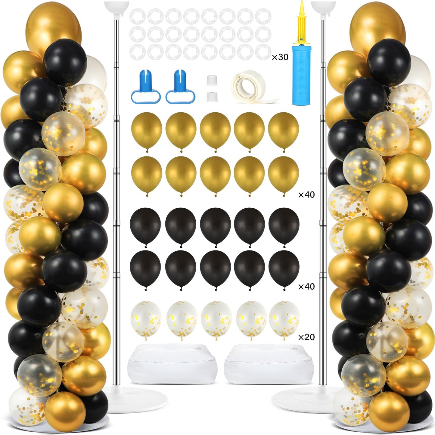 2 Set Black and Gold Balloons Column Stand Kit with 100 Balloons Adjustable Balloon Stand with Bases for Floor Black Gold Confetti Balloon Column Kit for Bridal Shower Valentine Birthday Party Decor