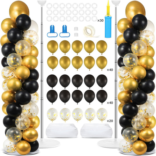 2 Set Black and Gold Balloons Column Stand Kit with 100 Balloons Adjustable Balloon Stand with Bases for Floor Black Gold Confetti Balloon Column Kit for Bridal Shower Valentine Birthday Party Decor