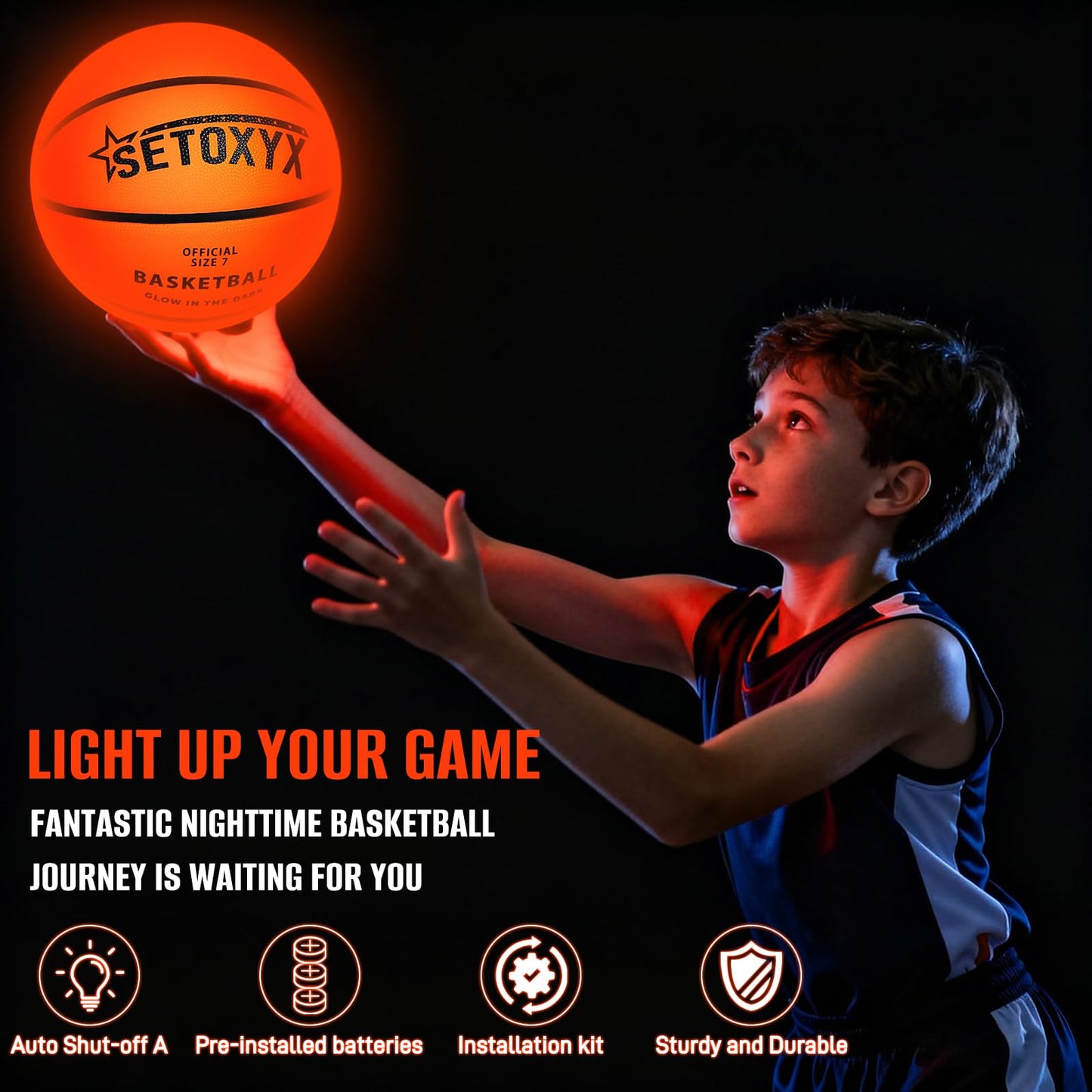 SETOXYX Glow in The Dark Basketball, Light Up Basketball for Teen Boy, Official Size 7 with 6 Spare Batteries, Gift for Boys & Girls 6-15+ Year Old, Outdoor Sports Toy Halloween