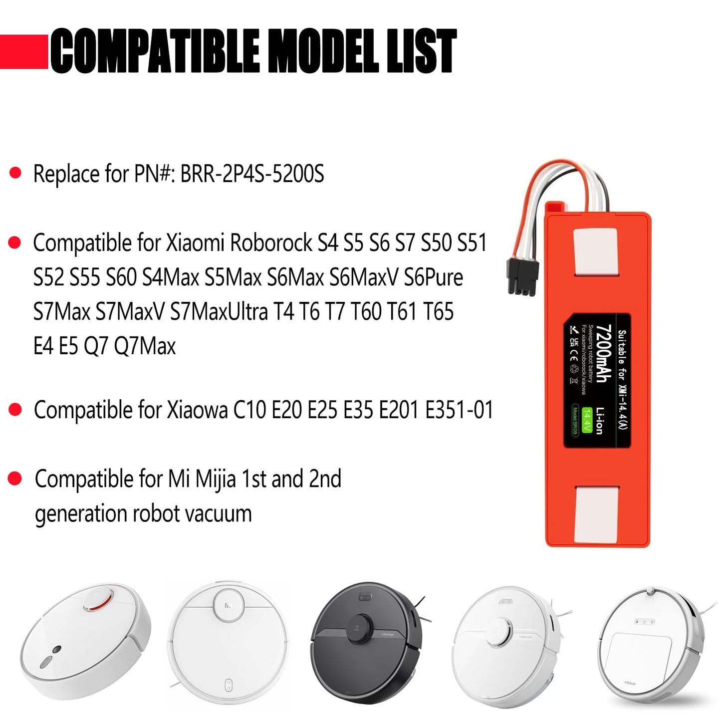 Upgraded 7200mAh 14.4V Battery for Roborock S7 S6 S5 S4 Q7 Max S50 S60 S70, T4 T6 T7 T60 T65, for Xiaowa E20 E25 E35 C10, for Xiaomi Mijia/Mi 1st and 2nd Gen Robot Vacuum Cleaner