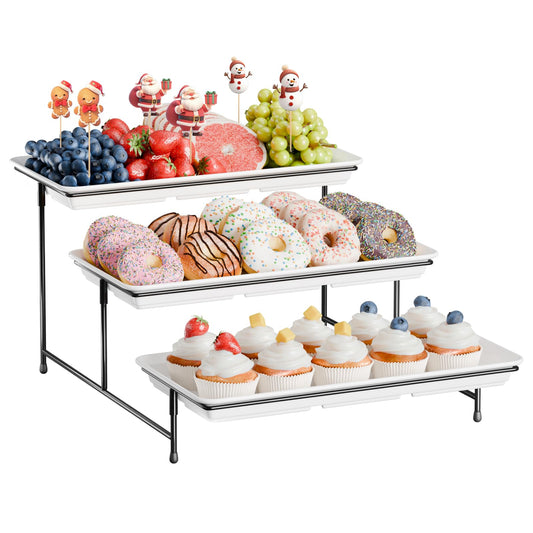 3-Tier Melamine Serving Tray Set, 14"x7" Platters for Serving Food, White Reusable Trays with Black Metal Display Stand for Cupcakes, Sevring Food, Dessert, Fruit, Cookie, Black