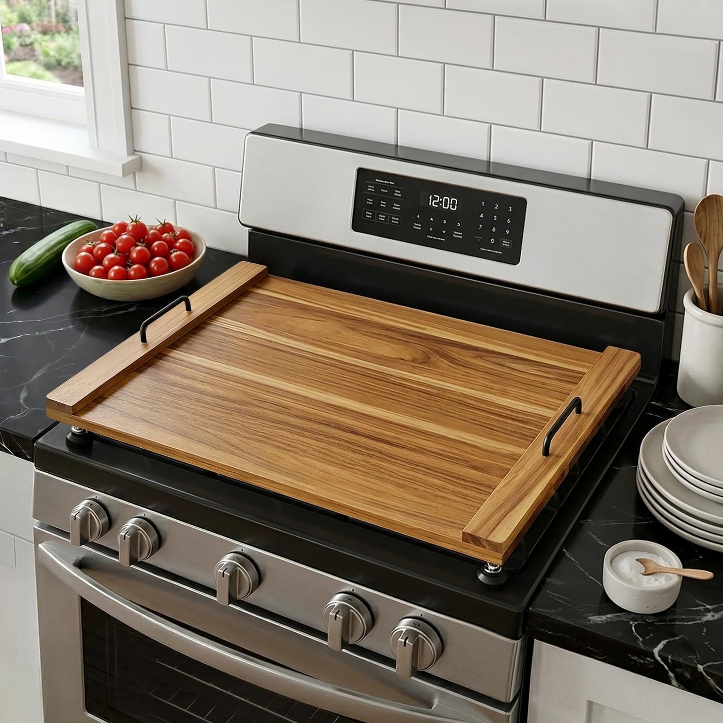 Noodle Board Stove Cover with 4 Adjustable Feet, 30" x 22" Acacia Wood Stove Top Cover for Gas Stove, Electric & Induction - Extra Counter Space, Serving Tray & Charcuterie Board for RV& Kitchen