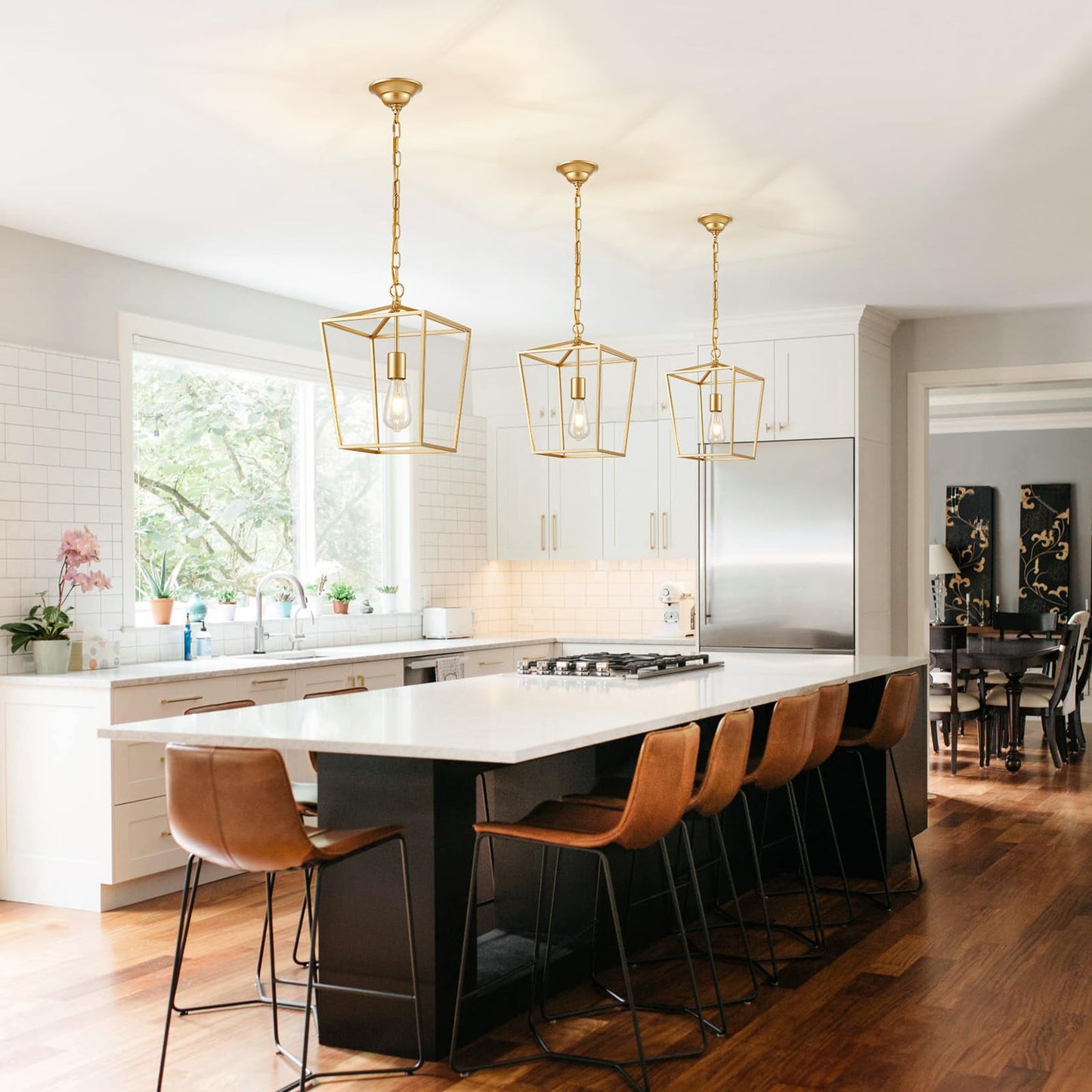 ANJIADENGSHI Lantern Pendant Light Lantern Iron Cage 1 E26 Bulbs Gold Chandelier for Dining Room Kitchen(Bulbs Not Included)