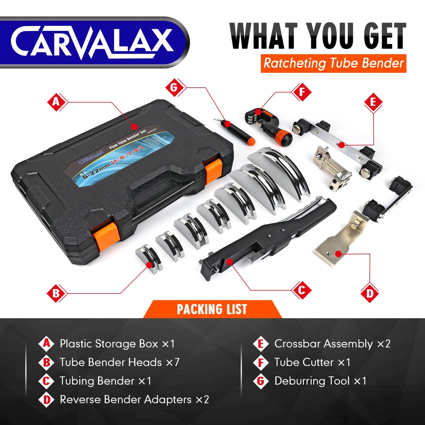 CAVALAX Aluminum Pipe Tube Bender Set with 7 Electroplated Bender Heads, for 1/4” to 7/8” O.D, 90° Ratcheting Tubing Bender w/Reverse Bending Adapters, for HVAC, Air Conditioning, and Heating Repair